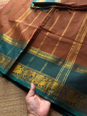 RF414 Rustic Honey Shade With Contrast Teal Green Shade Kanchi Cotton Saree with silk saree inspired Annam and elephant pattern Gap Border
