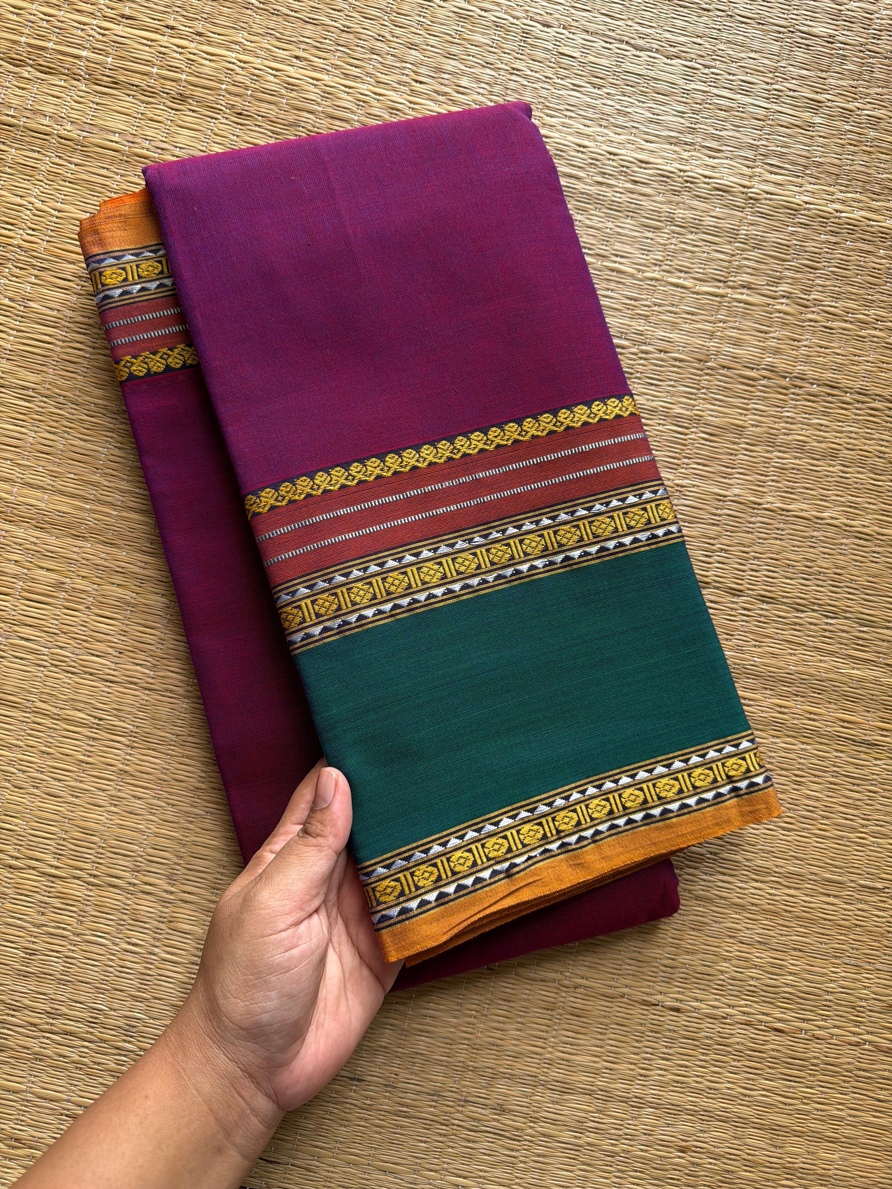 RF489 Magenta pink shade with green combination vintage style gap border mercerised Narayanpet  cotton saree