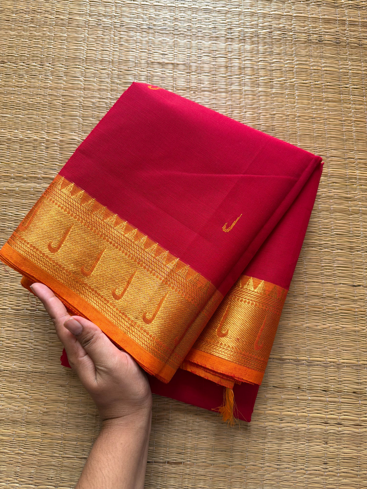 RF350 Reddish Pink shade silk saree inspired paithani border Kanchi Cotton Saree with contrast orange border and handmade Buttas