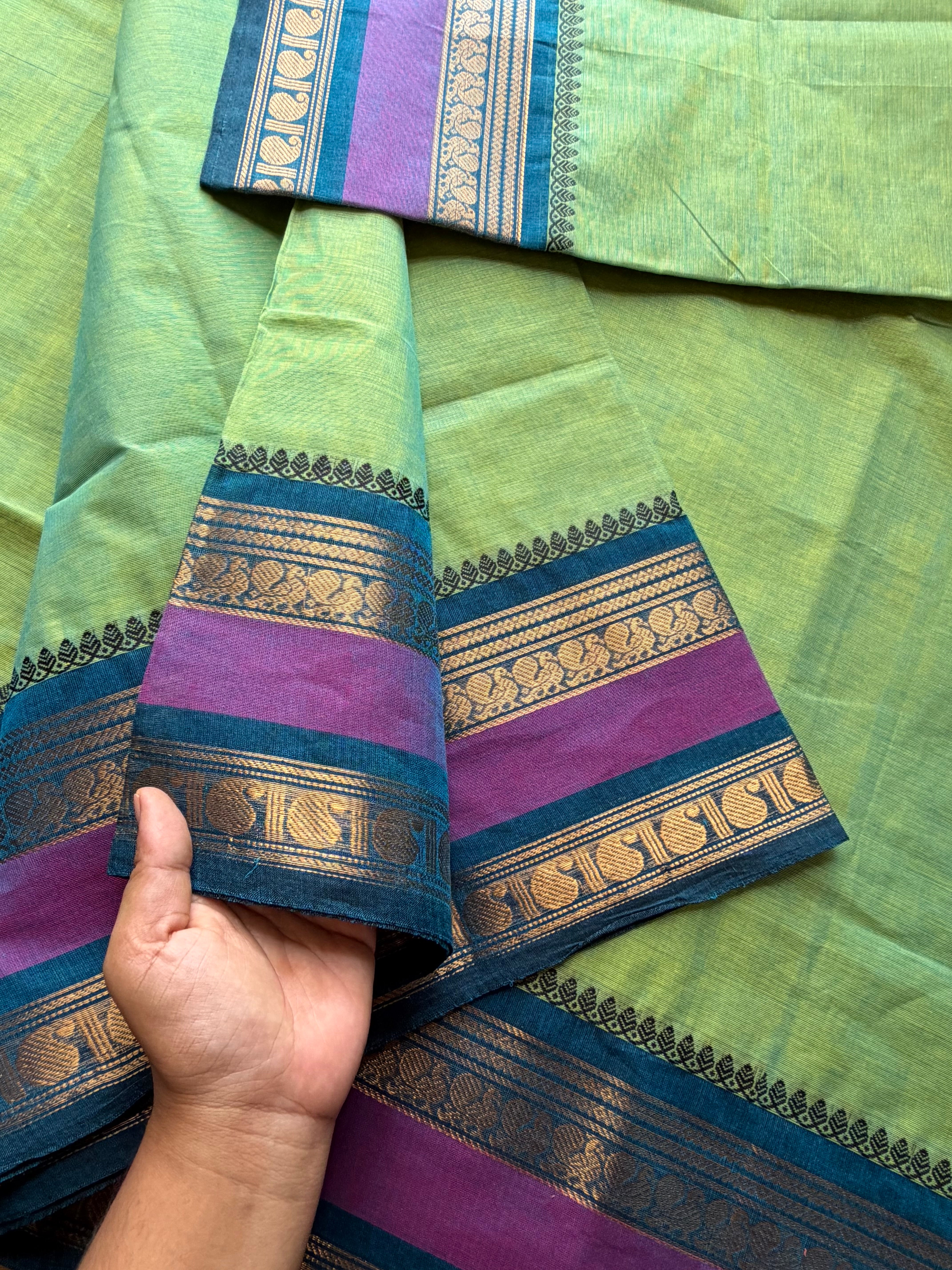 RF276 Dual tone Turquoise green shade Kanchi cotton saree with unique Rettapet border