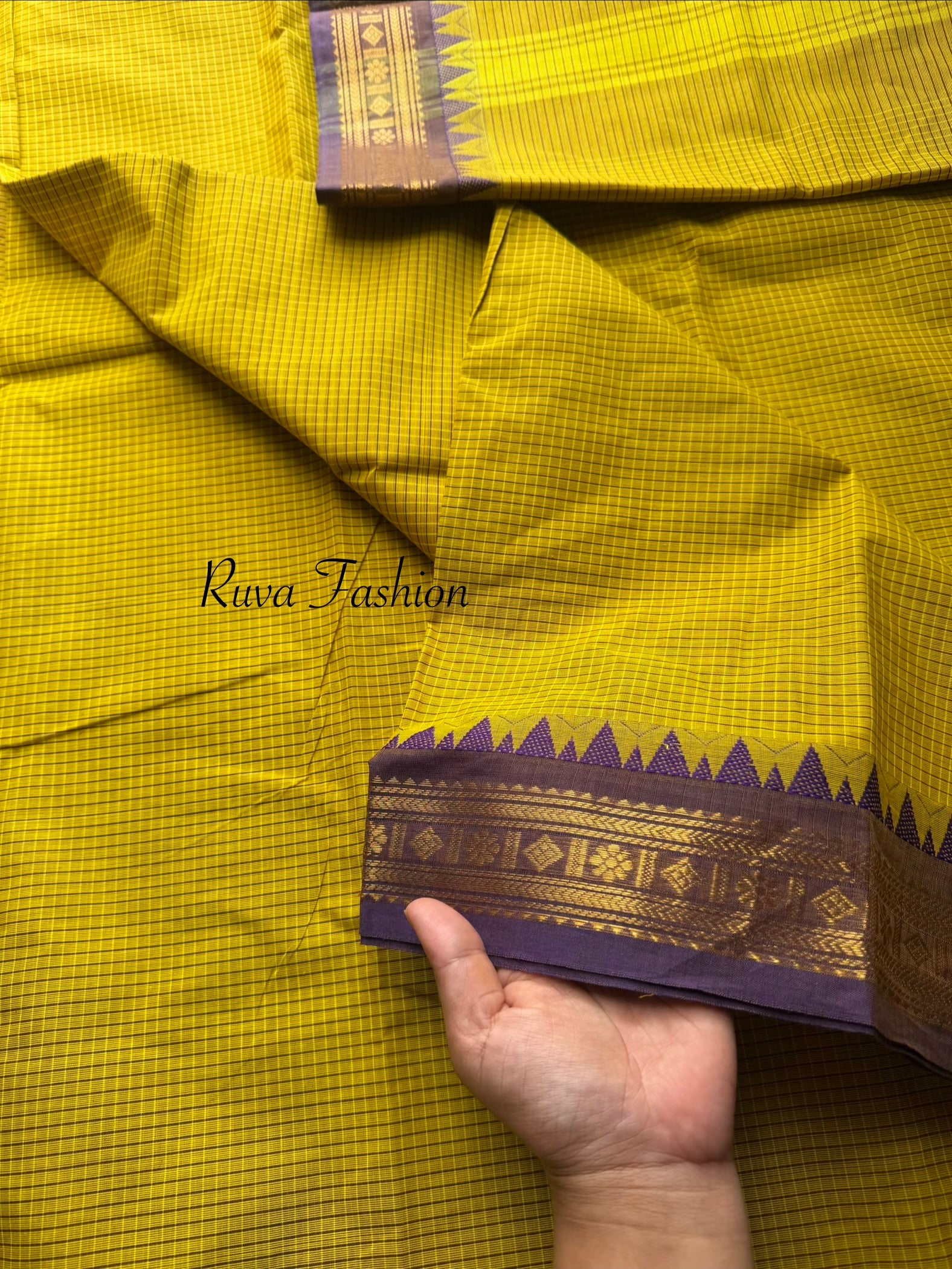 RF108 Mustard Yellow with purple shade combination vintage style Podi Kattam / small checks Kanchi cotton saree