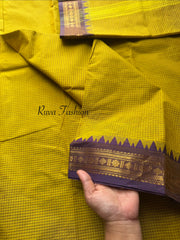 RF108 Mustard Yellow with purple shade combination vintage style Podi Kattam / small checks Kanchi cotton saree