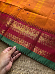 RF864 Orange shade Kanchi cotton saree with handmade thread buttas