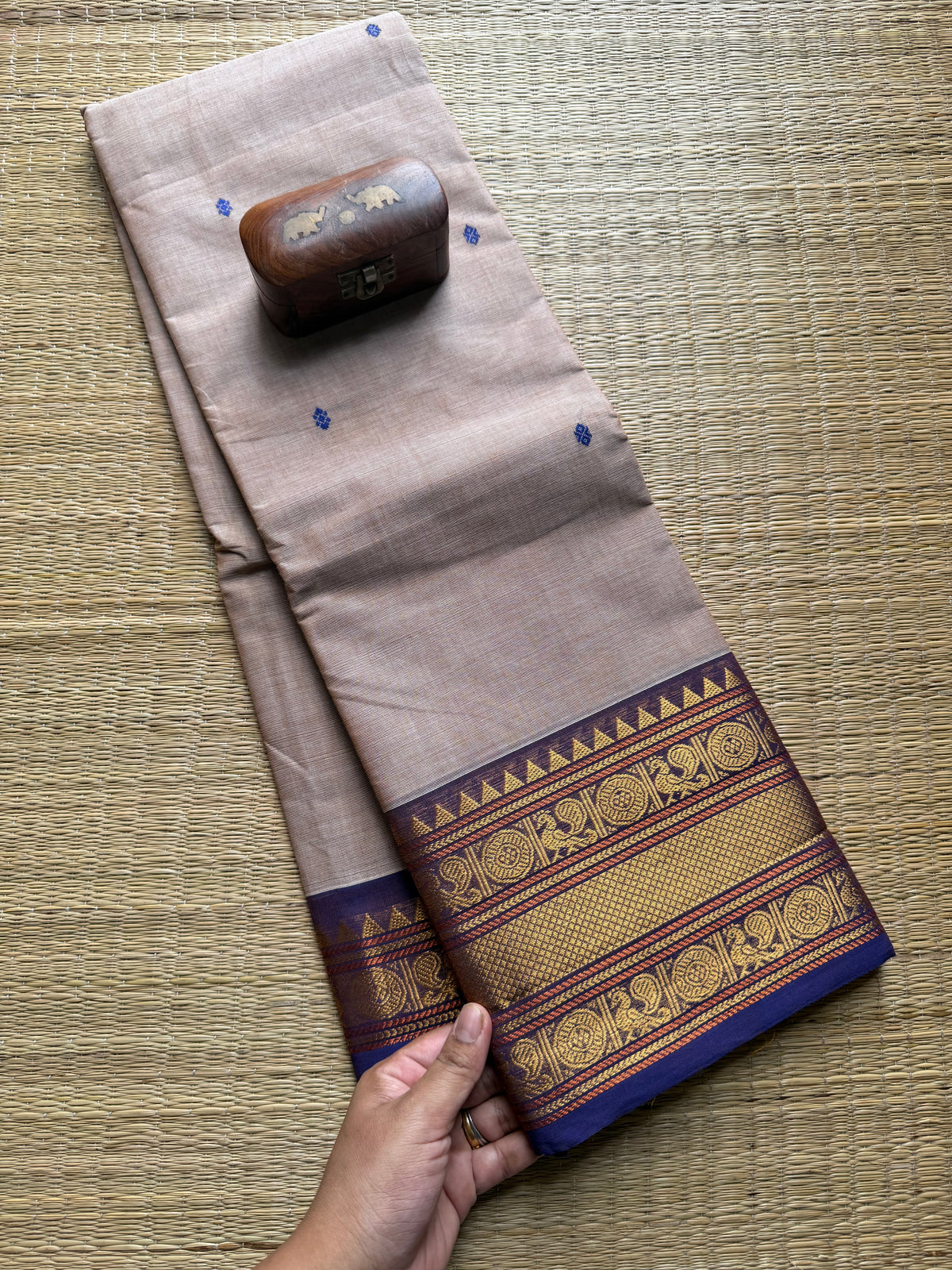Cream With Purple Shade Kanchi Cotton Saree With Handmade Thread Buttas