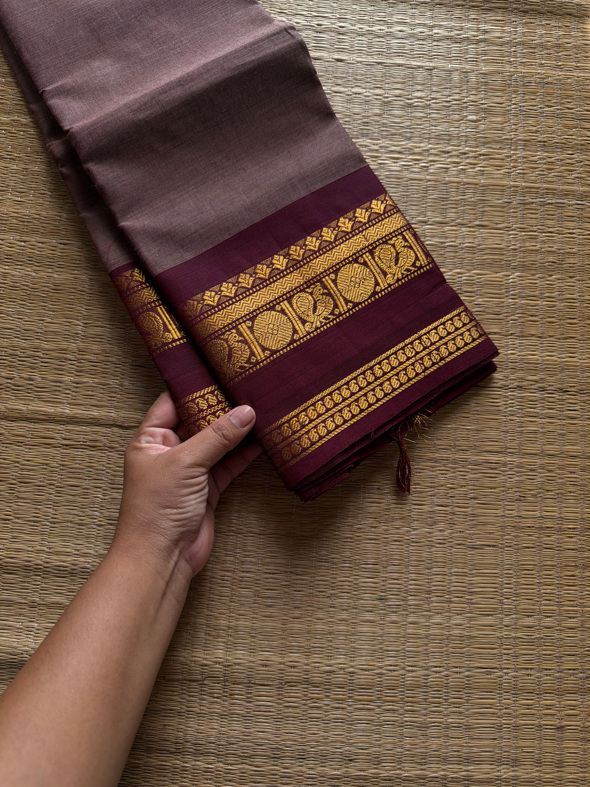 RF1119 Biscuit with maroon Kanchi cotton saree with gap border