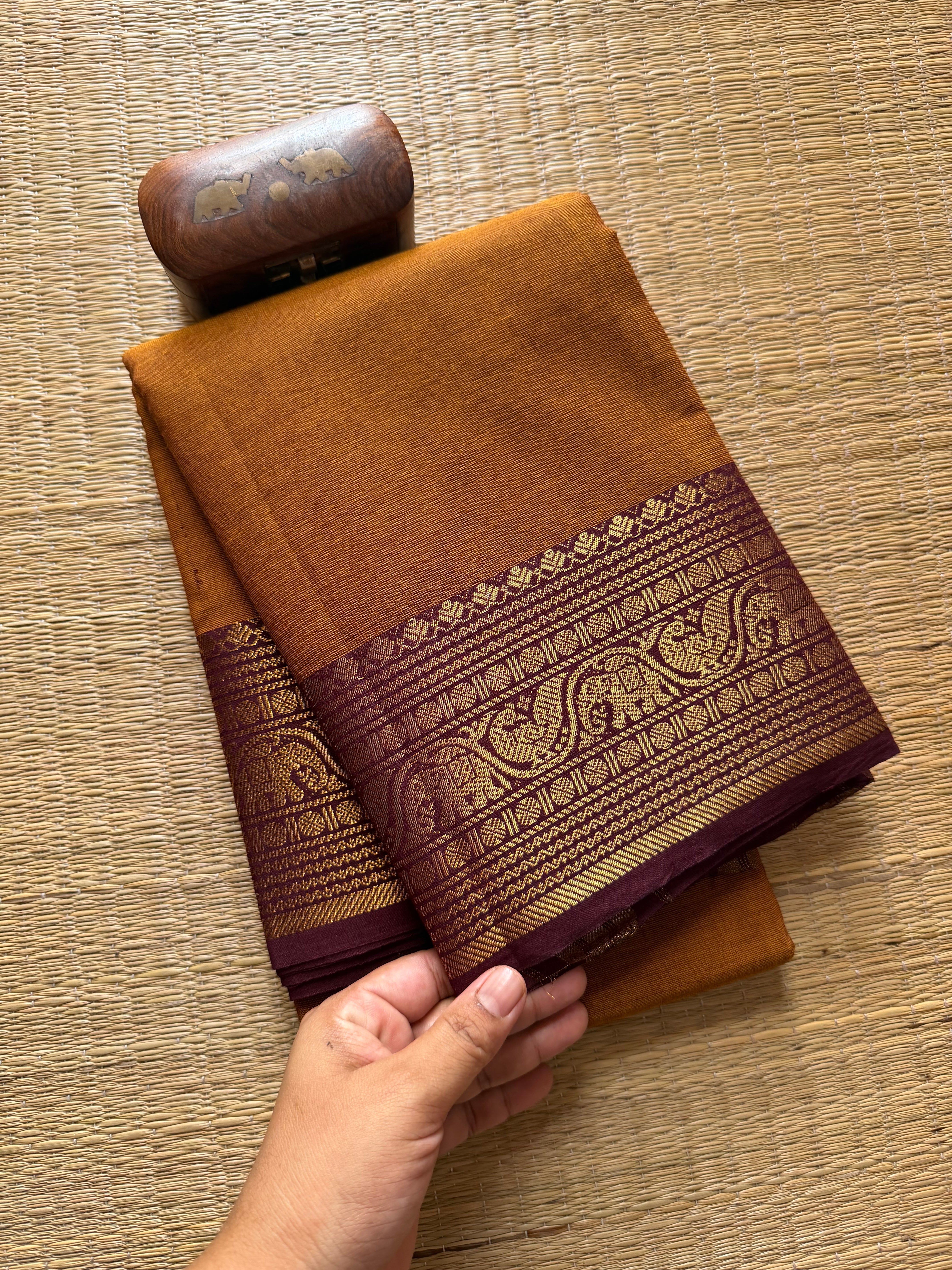 RF291 Dark honey shade with brown combination Kanchi cotton saree with peacock & elephant pattern Zari border