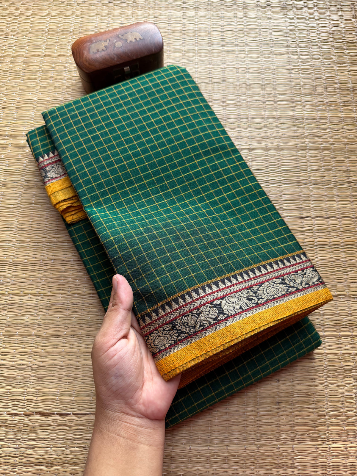 Green Narayanpet Mercerised Cotton Saree With Small Checks Pattern