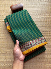 Green Narayanpet Mercerised Cotton Saree With Small Checks Pattern