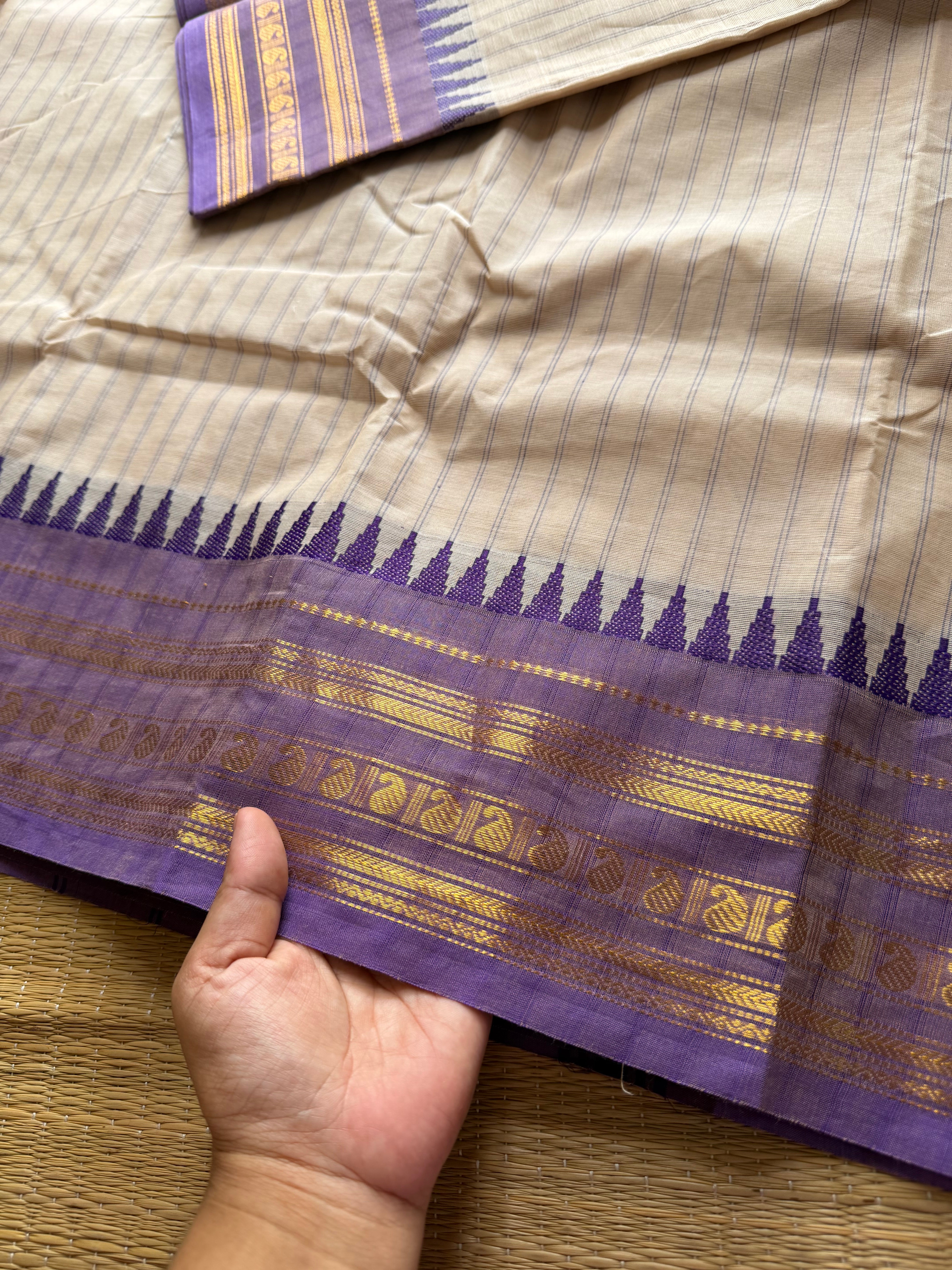 RF289 Half white with pastel purple combination Kanchi cotton saree with stripped pattern