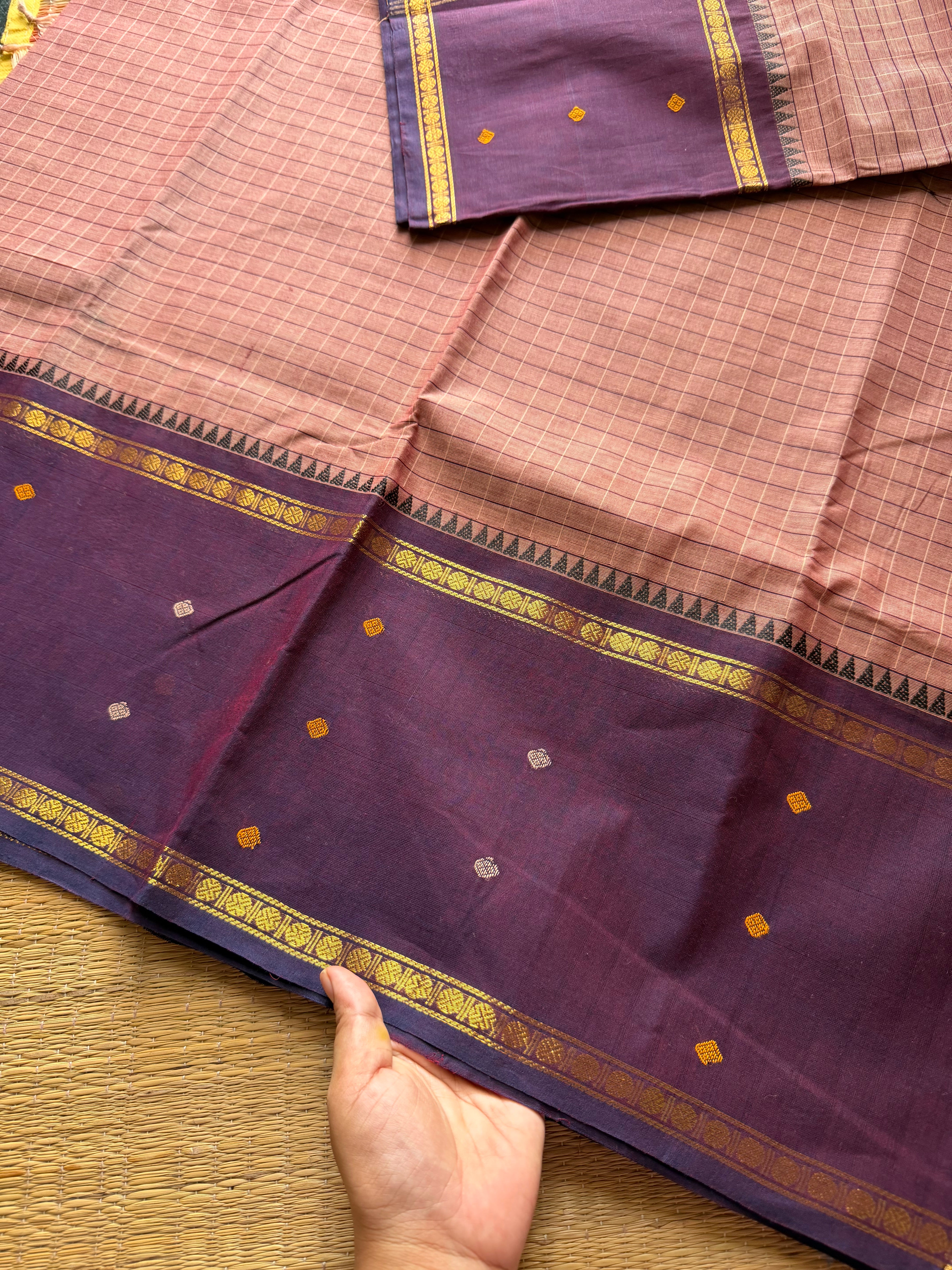 Biscuit shade Vintage Border Kanchi Cotton Saree With kattam / checks pattern & handwoven Buttas on the border