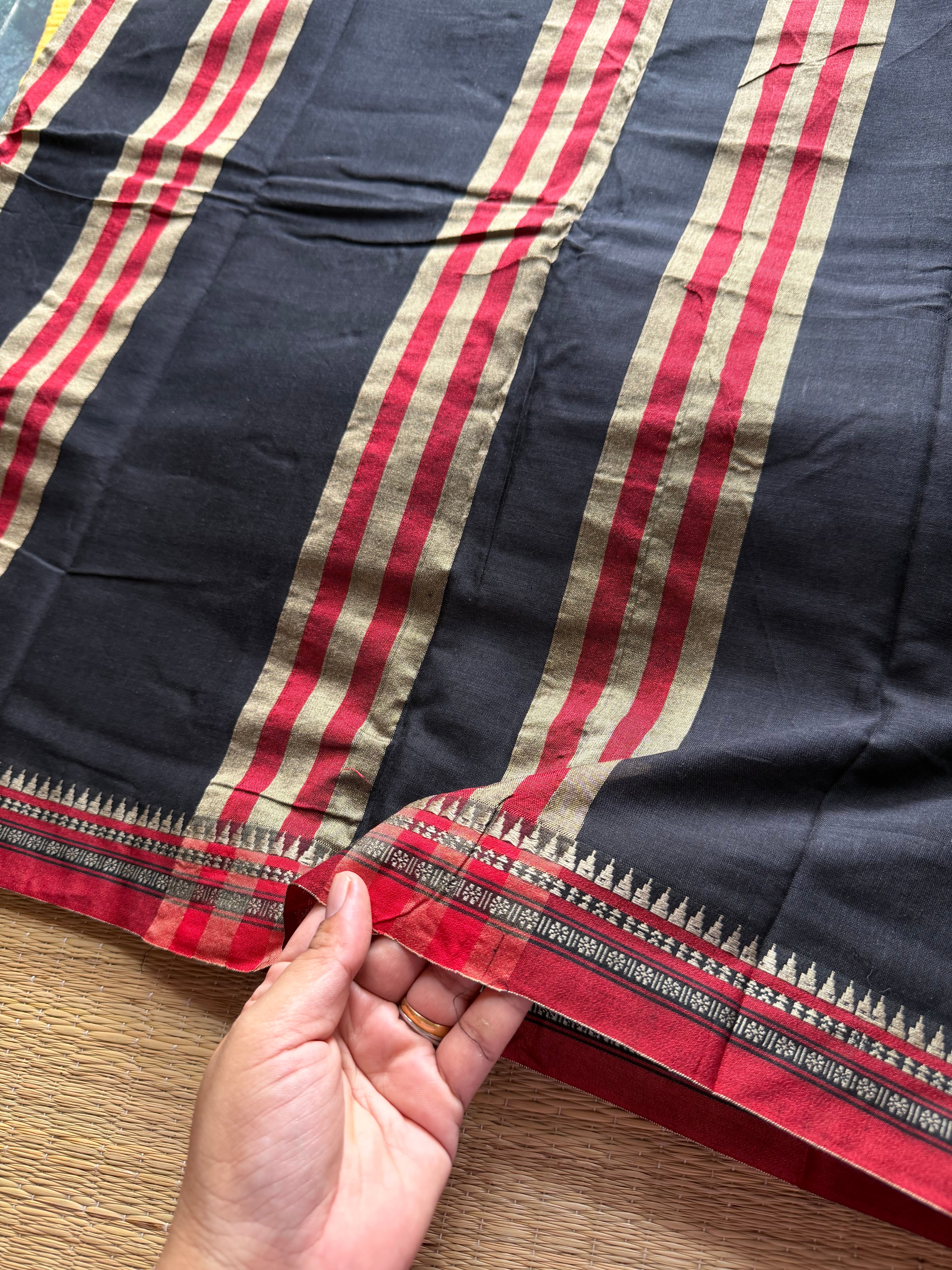 RF457 Black with red combination Mercerised Narayanpet cotton saree with small thread border