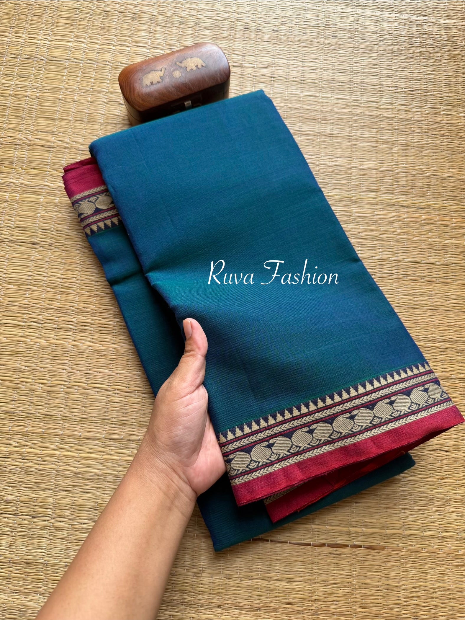 RF60 Peacock Blue Shade Mercerised Narayanpet Cotton Saree With Small Border