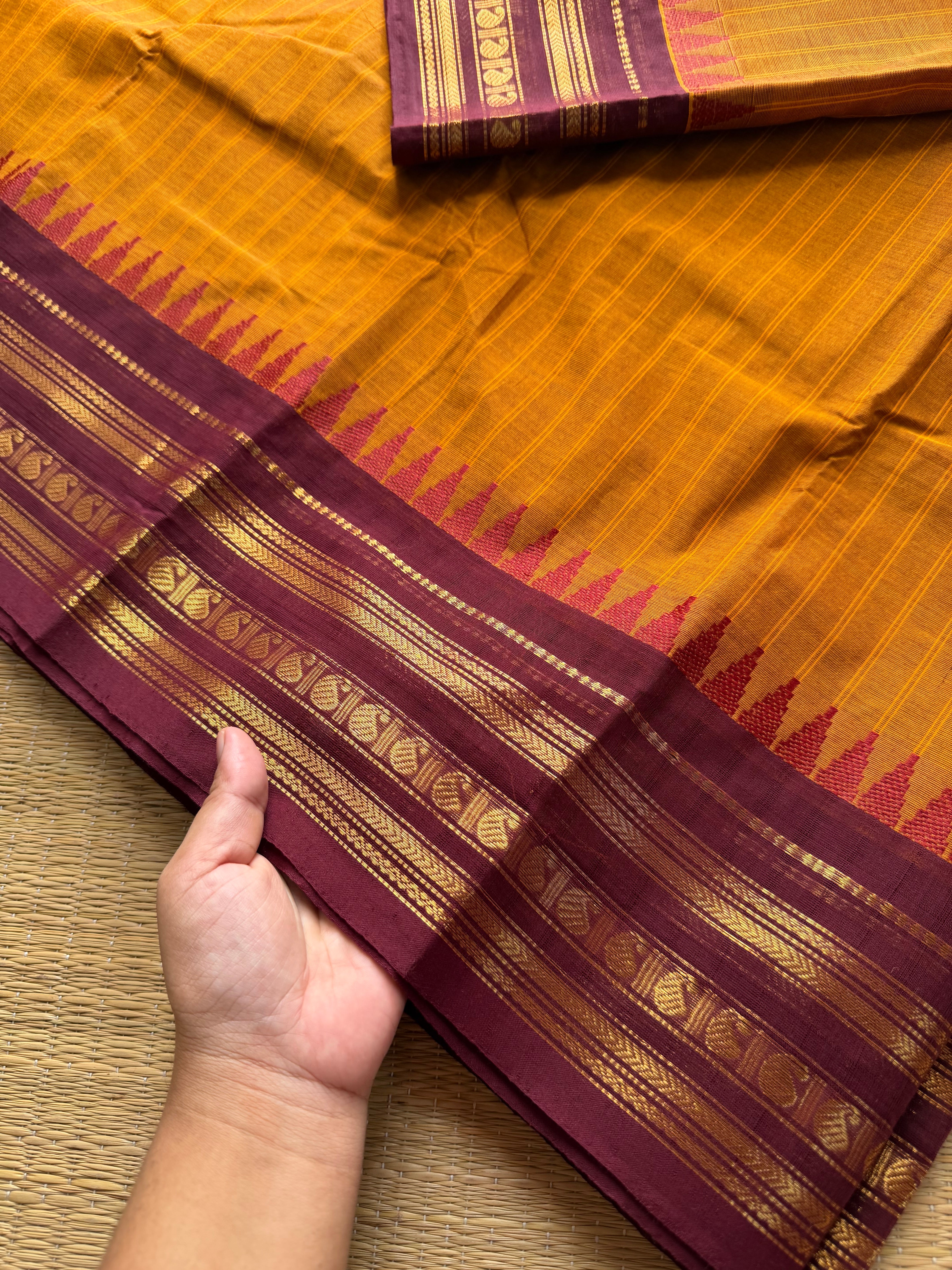 RF298 Dual tone orange with maroon combination Kanchi cotton saree with vertical striped pattern & mango Zari border