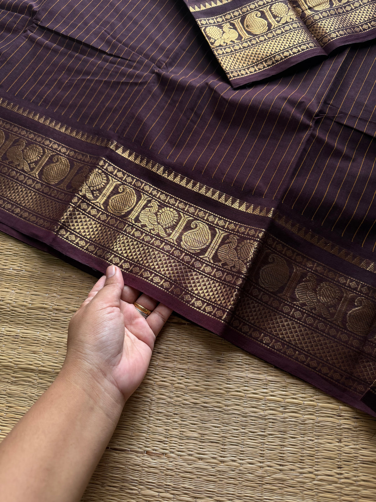 RF1258 Deep coffee brown ~ Kanchi cotton saree with stripped lines pattern