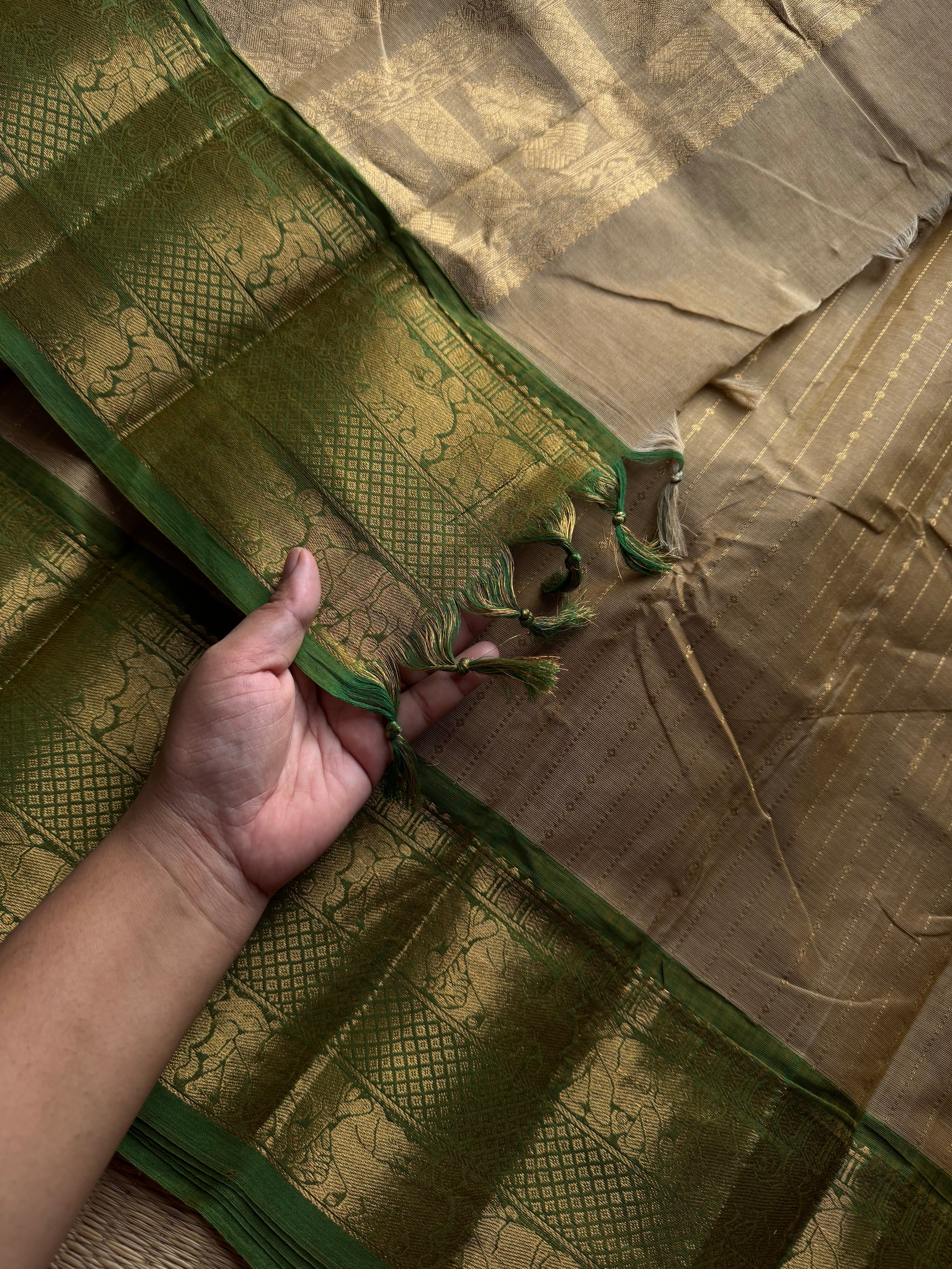 RF1384 Premium Rich Pallu Kanchi cotton saree with Vairaoosi weaving & Yazhi pattern pattern ~ Beige with green