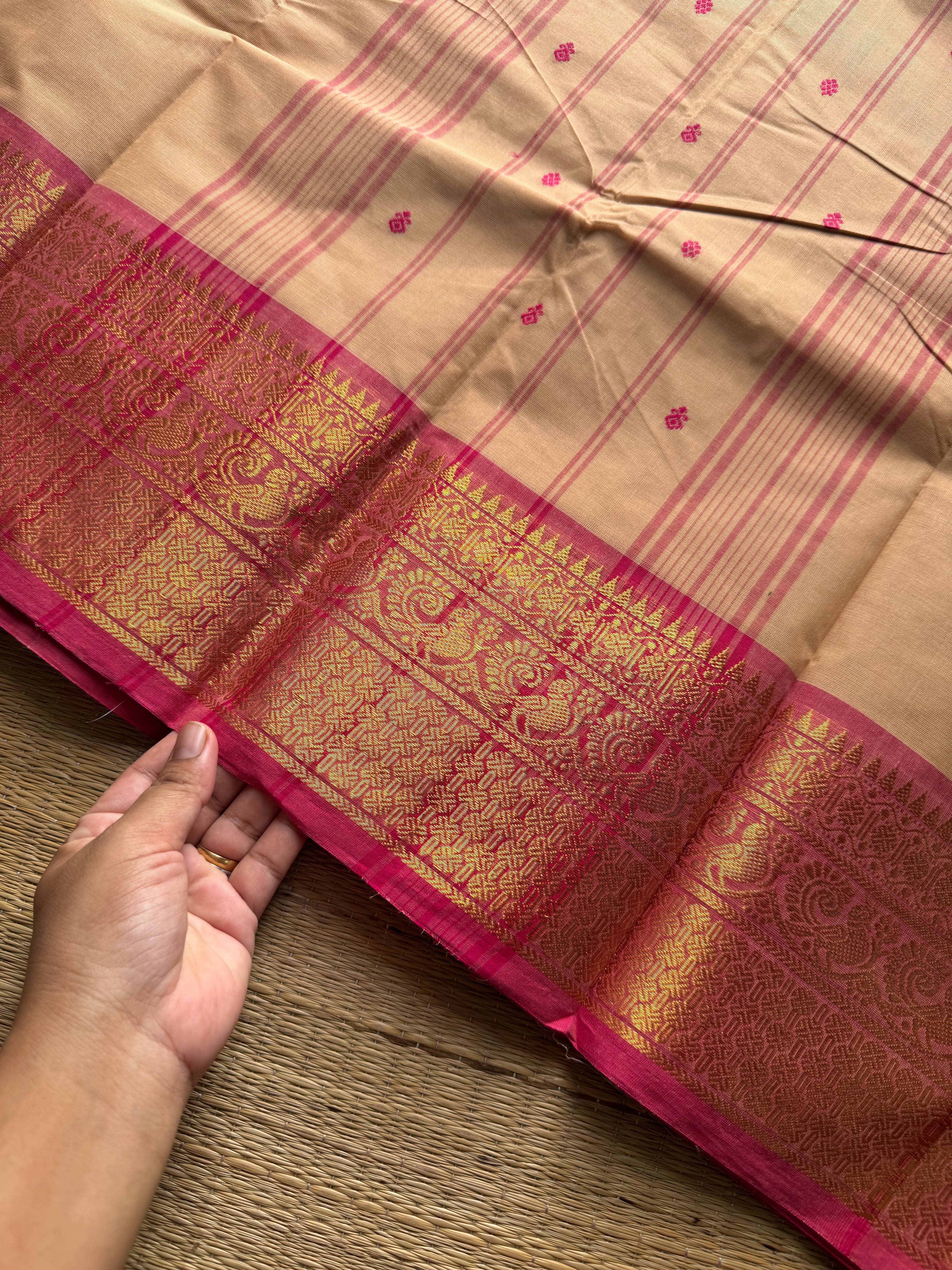 RF1194 Beige with pink Kanchi cotton saree with handmade thread buttas