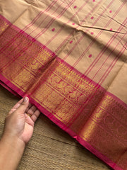 RF1194 Beige with pink Kanchi cotton saree with handmade thread buttas