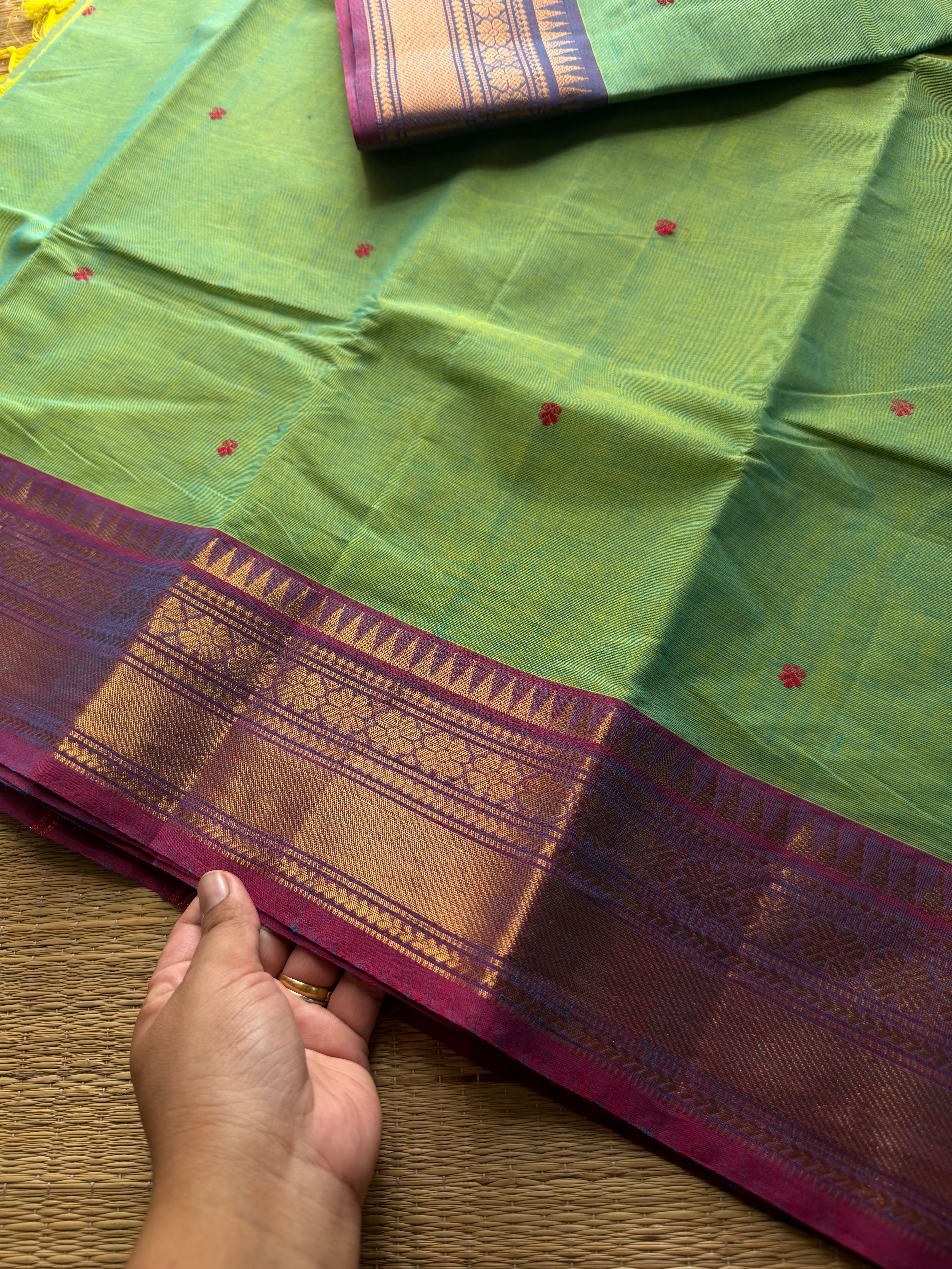 RF544 Dual tone Apple green shade with light purple combination Kanchi cotton saree with handmade thread buttas