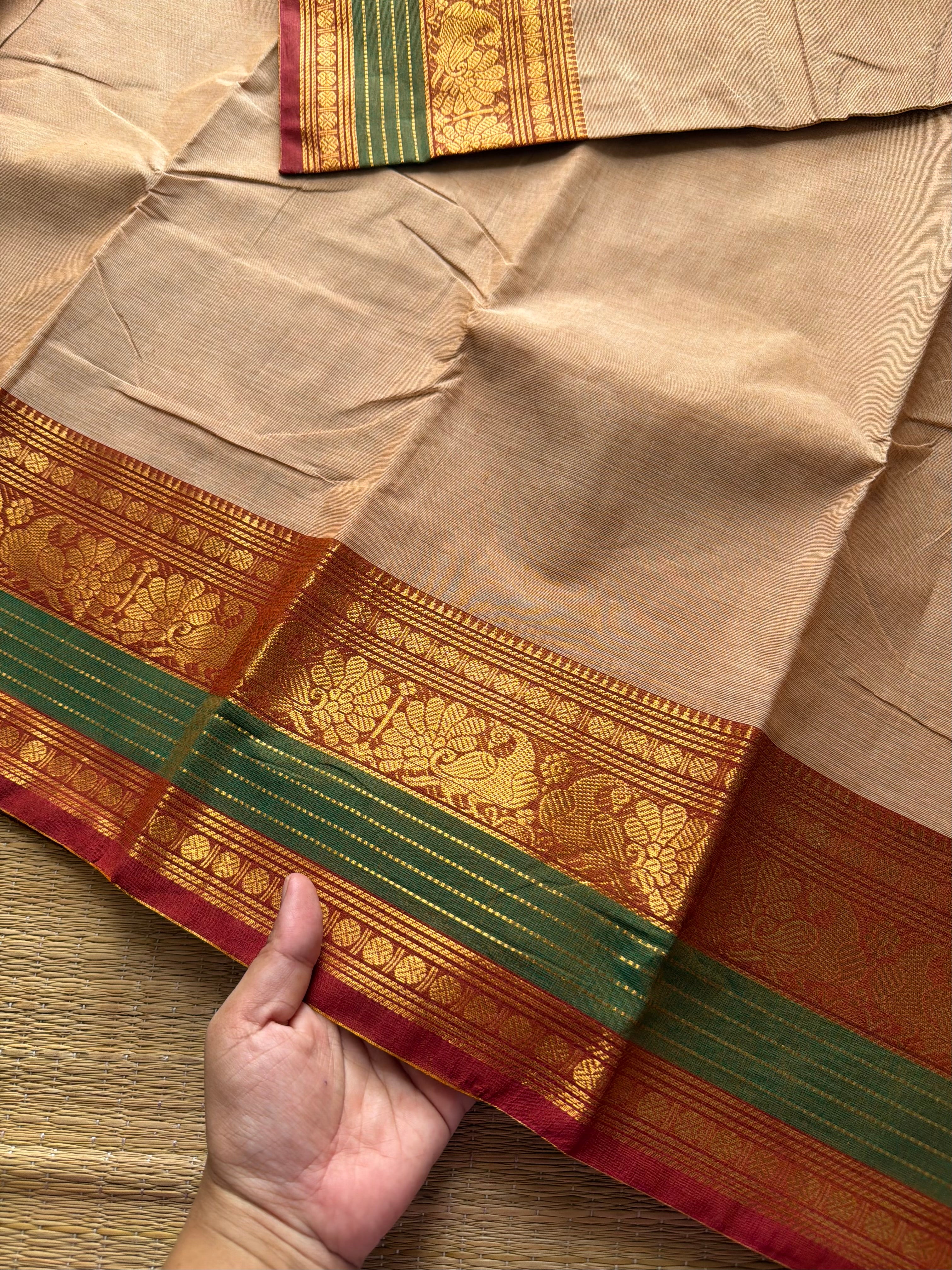 RF428 Beige shade Kanchi cotton saree with contrast Annam pattern border
