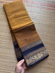RF451 Mustard with dark navy blue combination Annam & lotus pattern contrast border and handmade thread buttas
