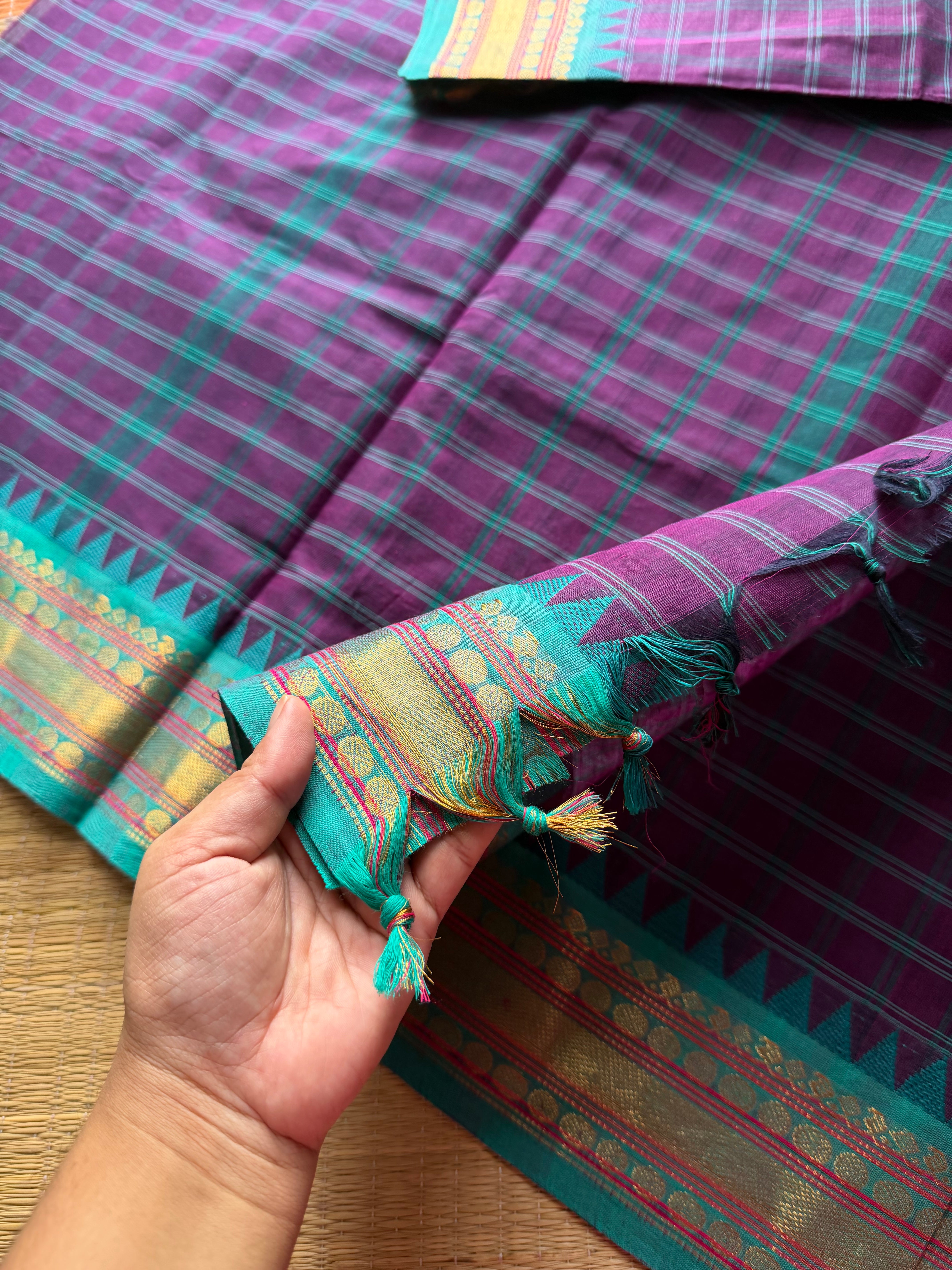 RF368 Purple with sky blue combination Kattam / checks pattern Kanchi cotton saree