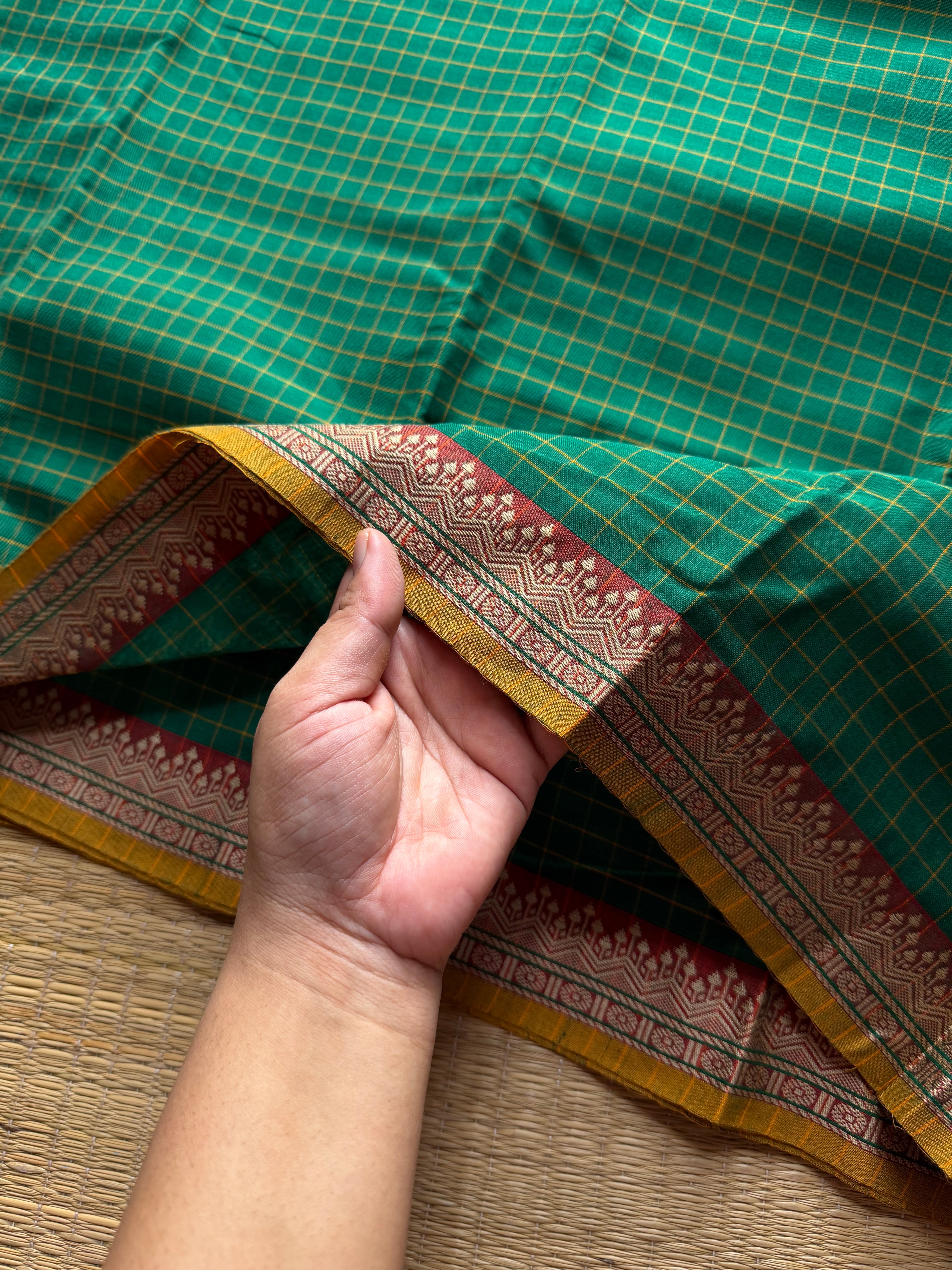 RF522 Green shade Mercerised Narayanpet cotton saree with contrast small border and checks / kattam pattern