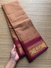 RF468 Sandal / beige with pink shade Kanchi cotton saree with silk saree inspired Annam and lotus border & handmade thread buttas