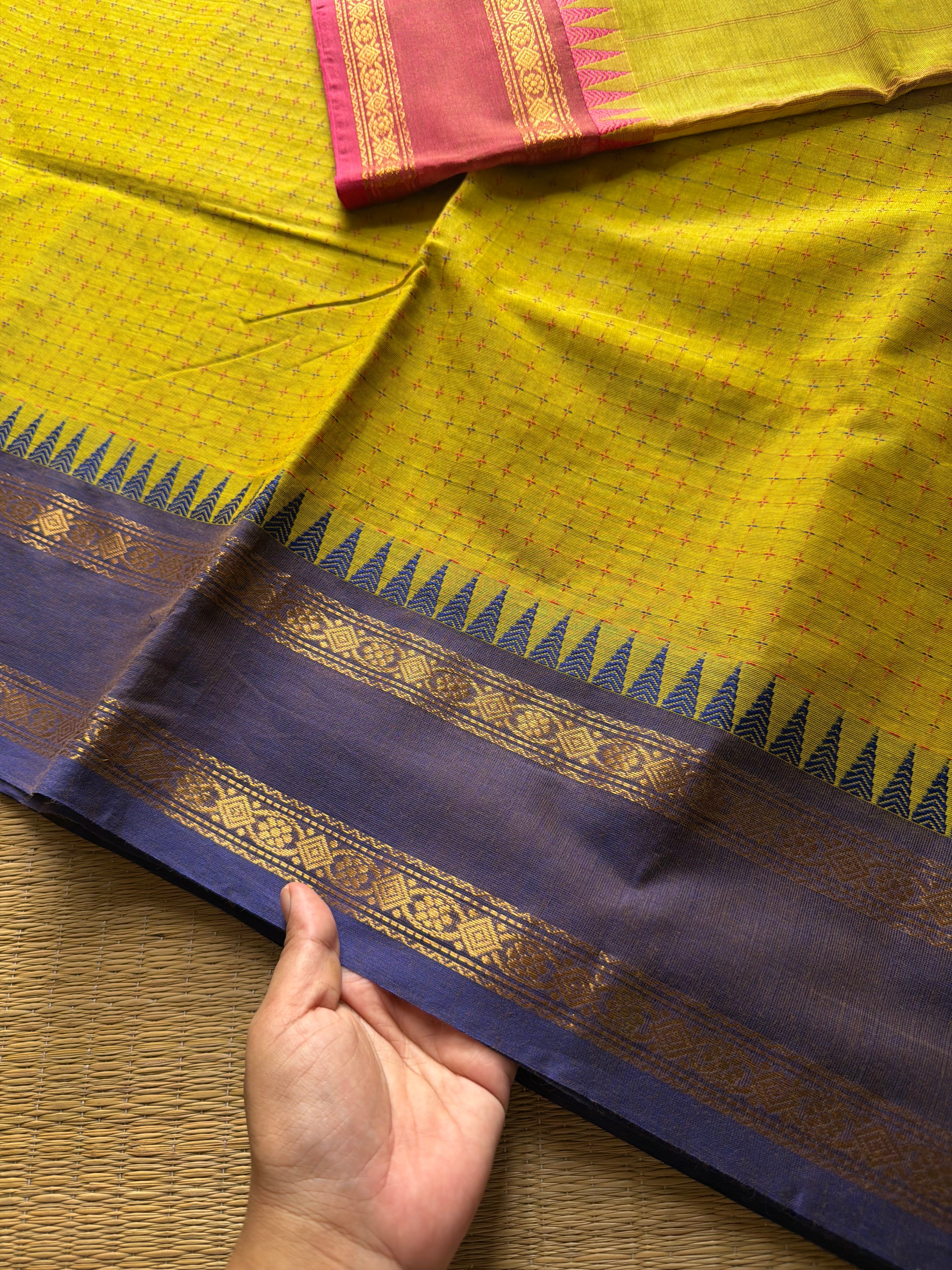 RF742 Lemon yellow shade Kanchi cotton saree with Ganga Jamuna border