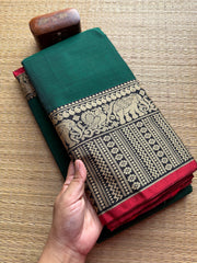 Bottle Green Narayanpet Mercerised Cotton Long Border Saree