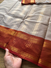 RF509 Beige with rust orange combination Kanchi cotton saree with vintage gap border and fully Vairaoosi pattern