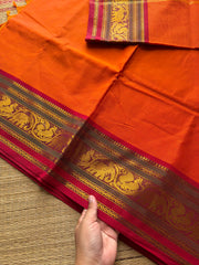 Orange with red & green combination Kanchi cotton saree with Annam & elephant pattern contrast double color border