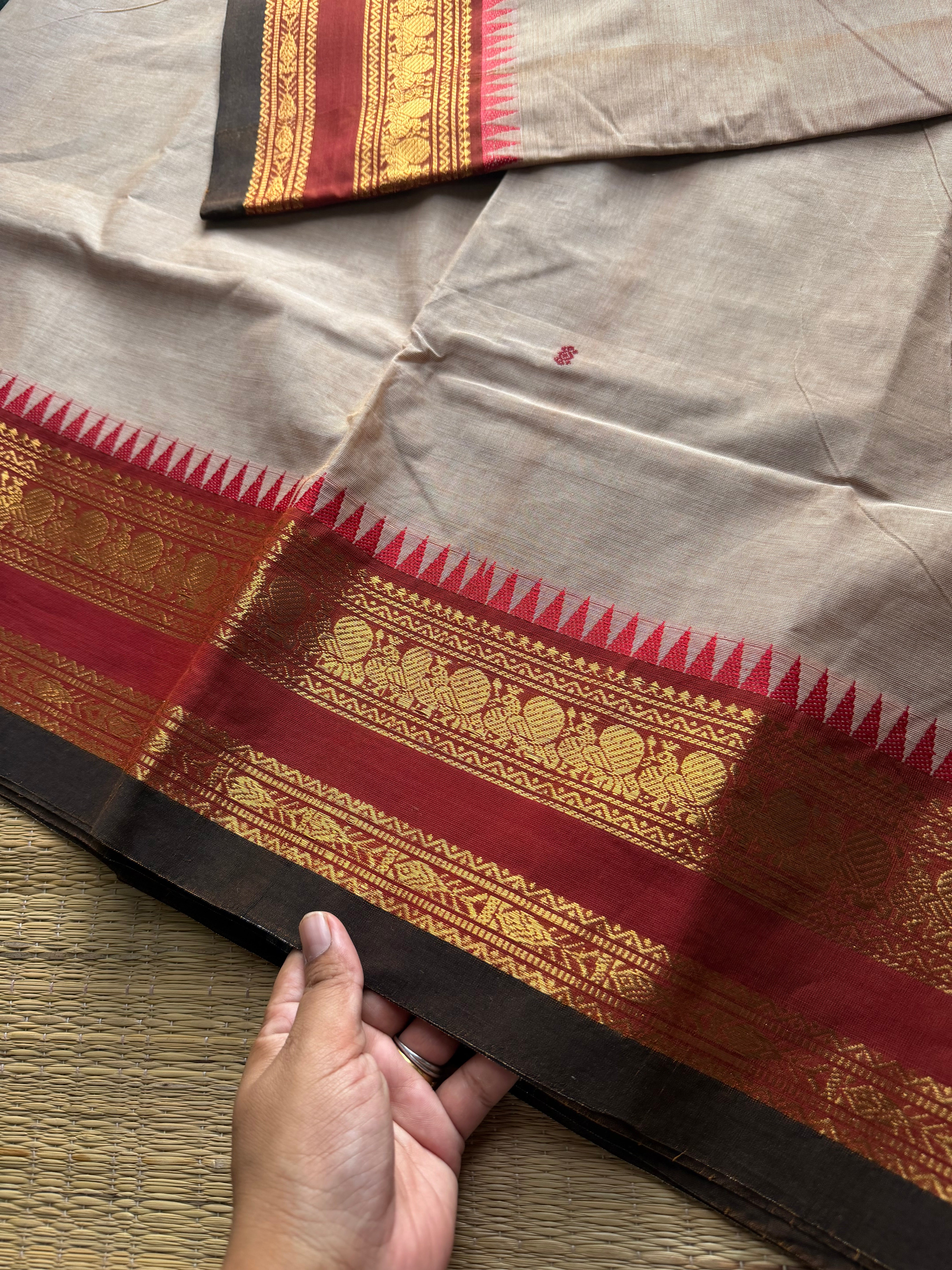 RF862 Beige shade Kanchi cotton saree with handmade thread buttas