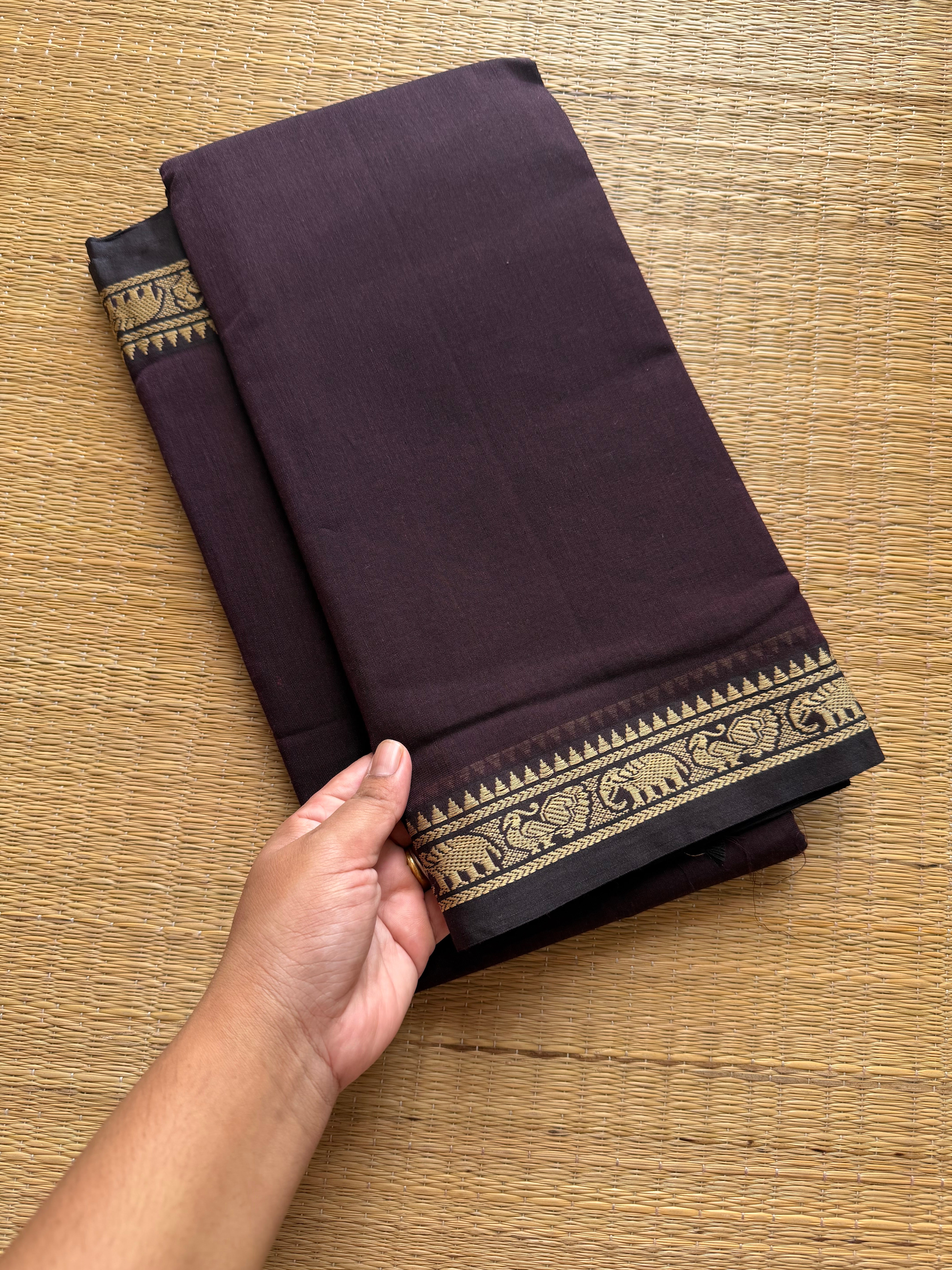 RF672 Brown ~ Mercerised Narayanpet cotton saree with small thread border