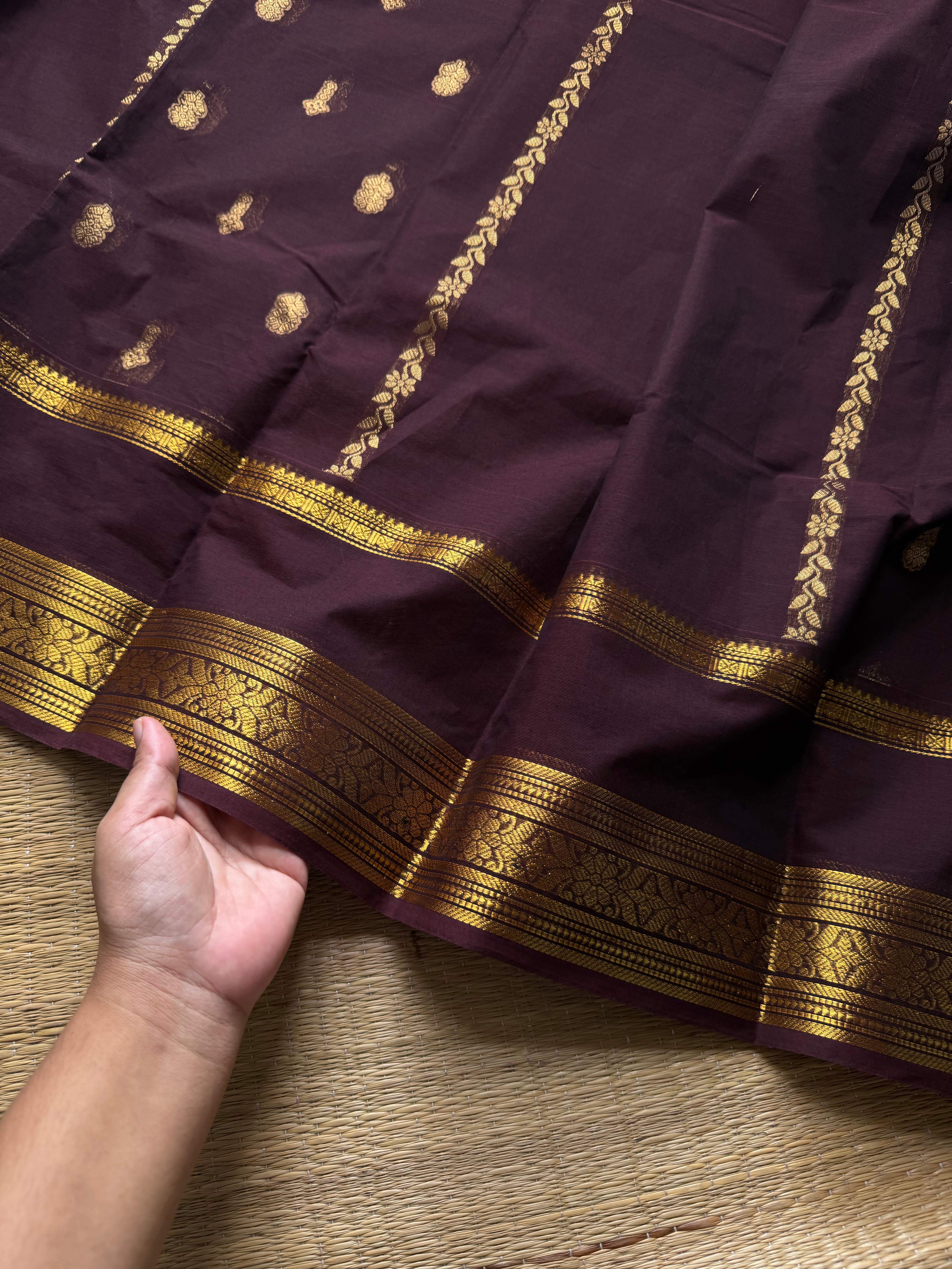 RF728 Premium Rich Pallu Kanchi Cotton Saree ~ Deep Coffee Brown with floral, Annam & Yazhi pattern Zari woven