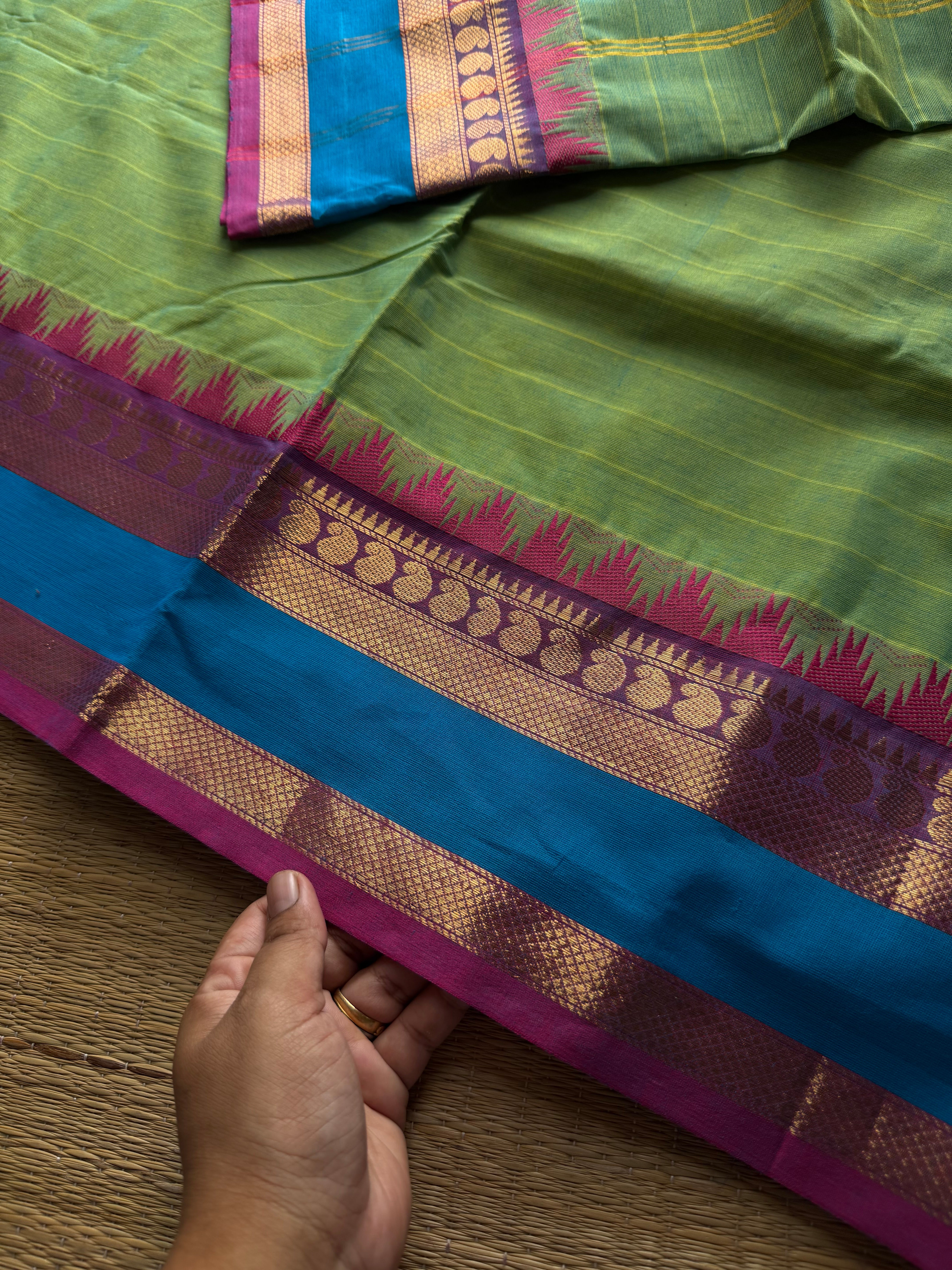 RF969 Apple green shade Kanchi cotton saree with Thazhampoo pattern border