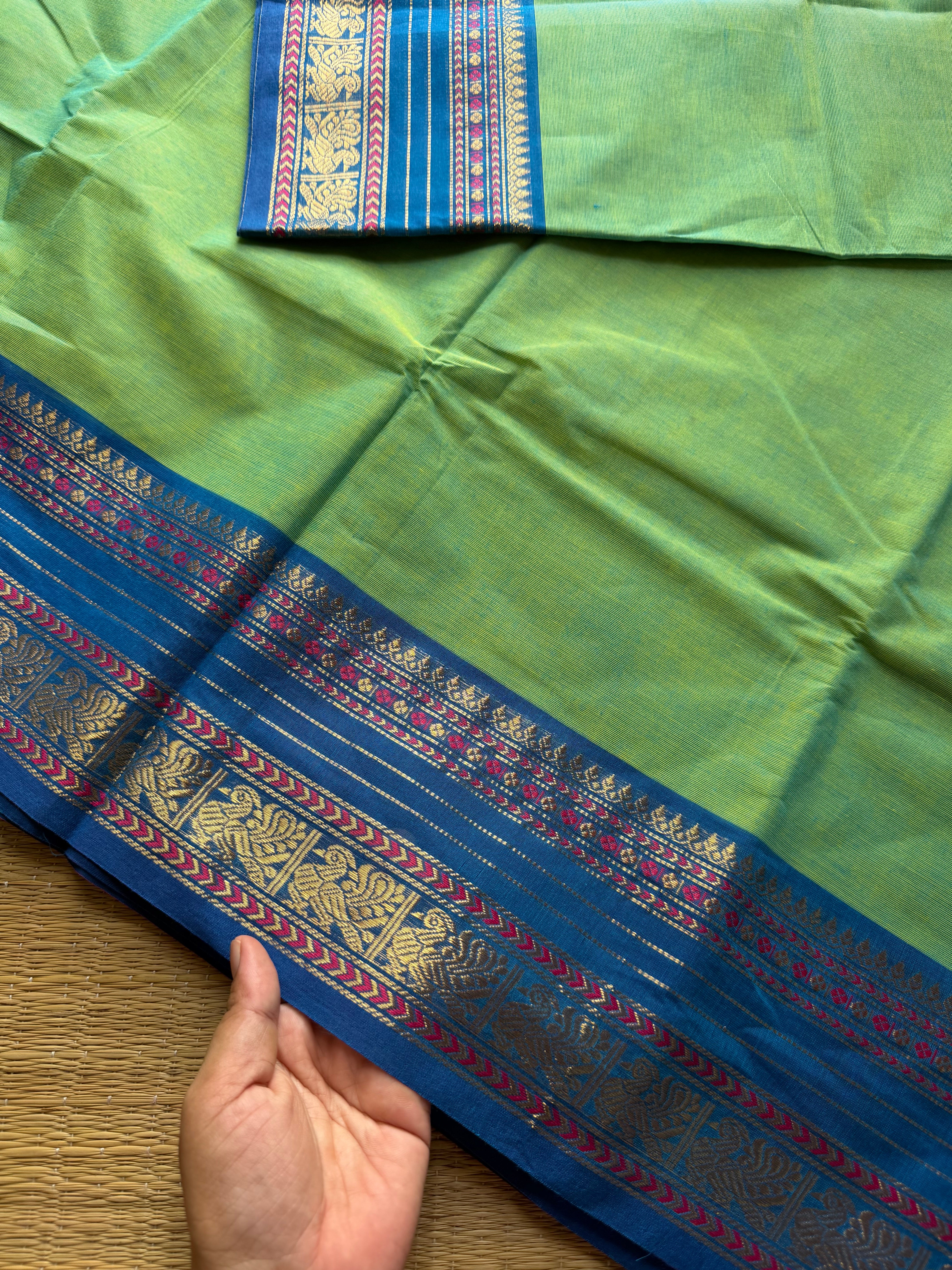 RF411 Dual tone Apple green shade Kanchi cotton saree with silk saree inspired contrast border