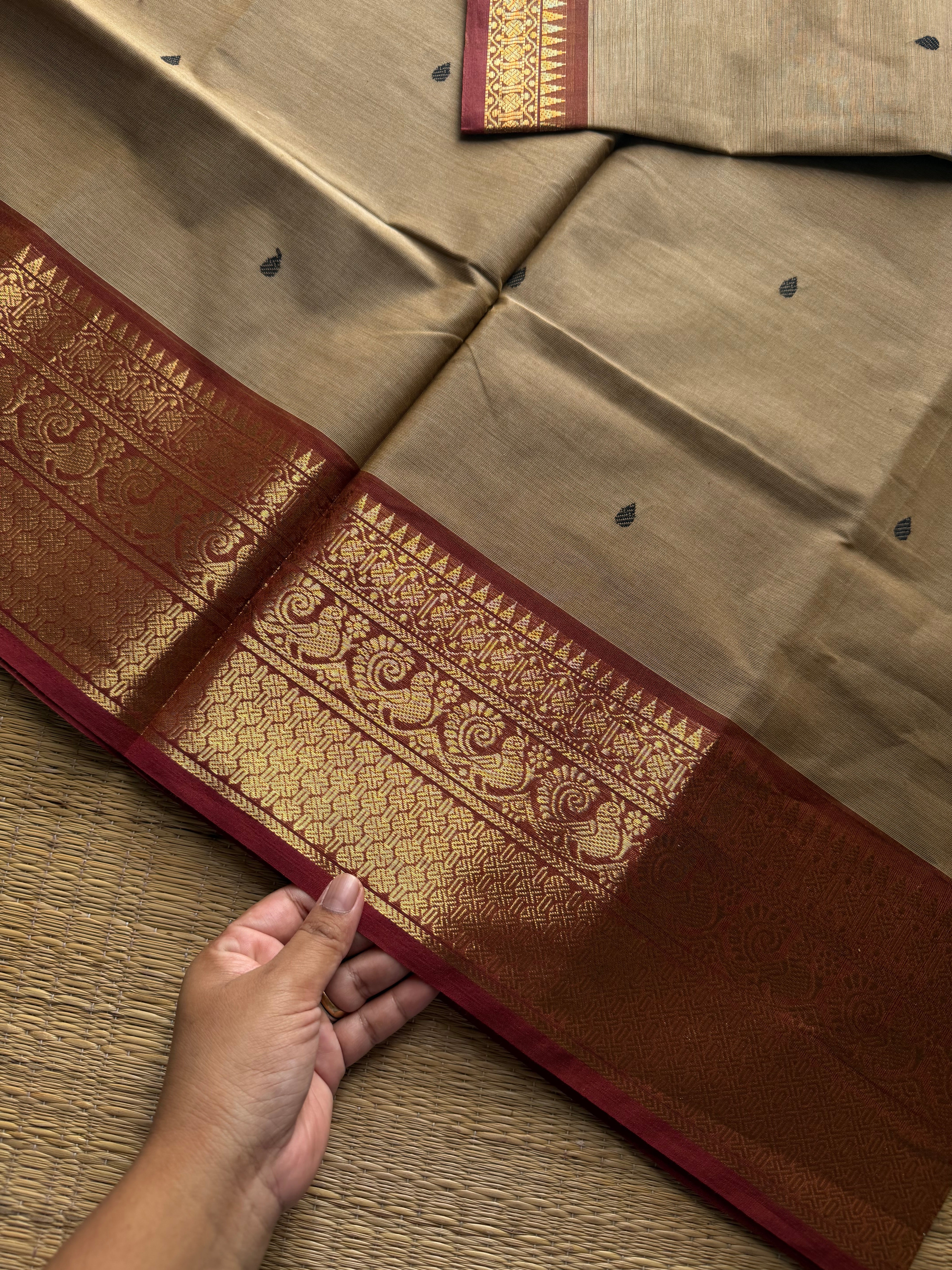 RF1019 Beige shade ~ Kanchi Cotton Saree with handmade thread buttas