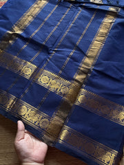 RF465 Navy blue shade monotone Kanchi cotton saree with Annam pattern gap / Rettapet border