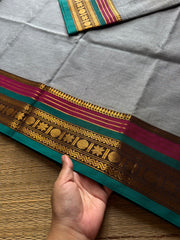 RF697 Grey ~ Silk Saree Inspired Kanchi Cotton saree with multi color border