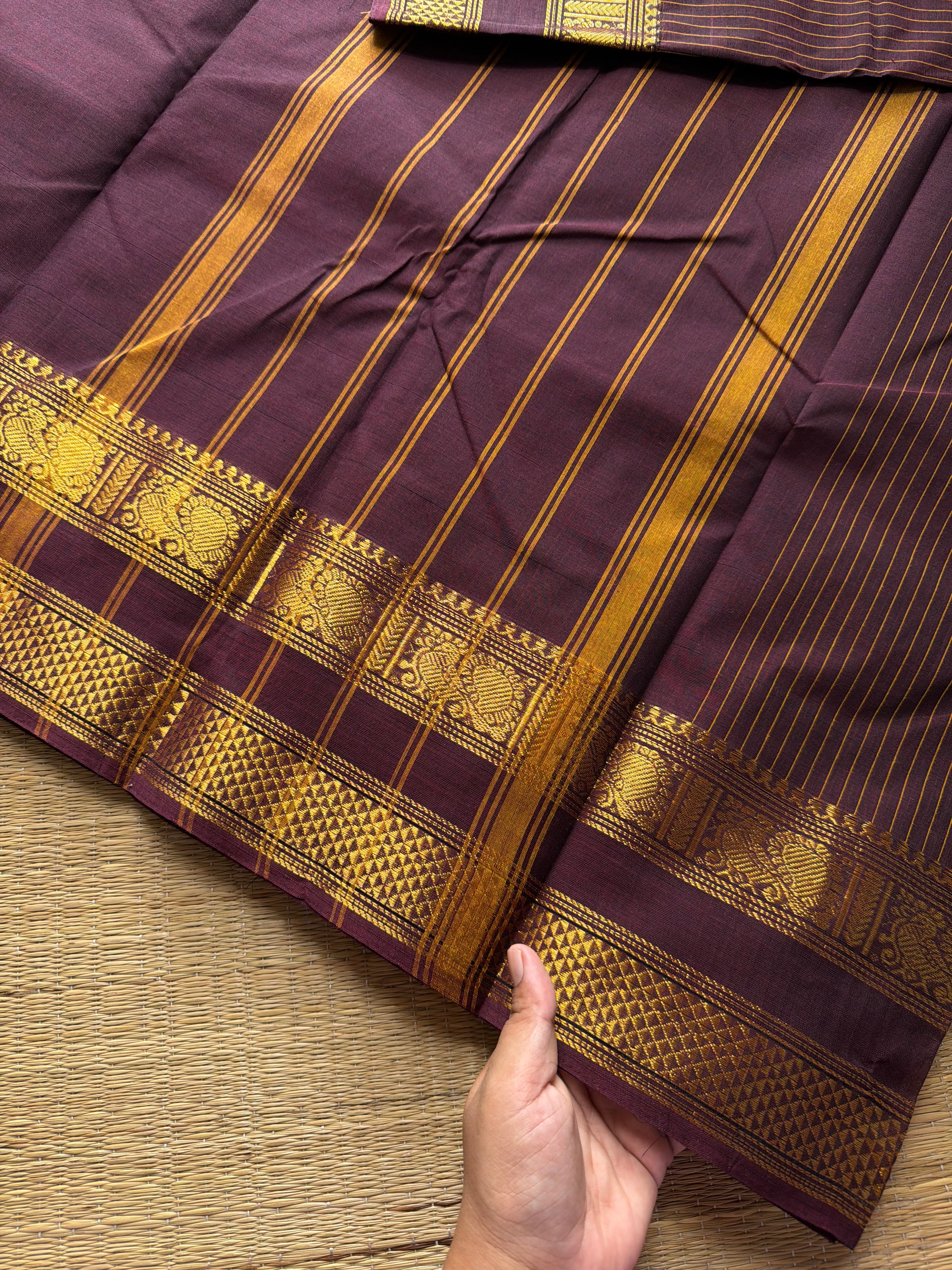 RF389 Coffee brown shade Kanchi cotton saree with Korvai Vaira Oosi thread vertical lines pattern with vintage Rettapet Zari border