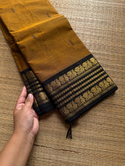 RF547 Mustard with black combination Kanchi cotton saree with handmade thread buttas