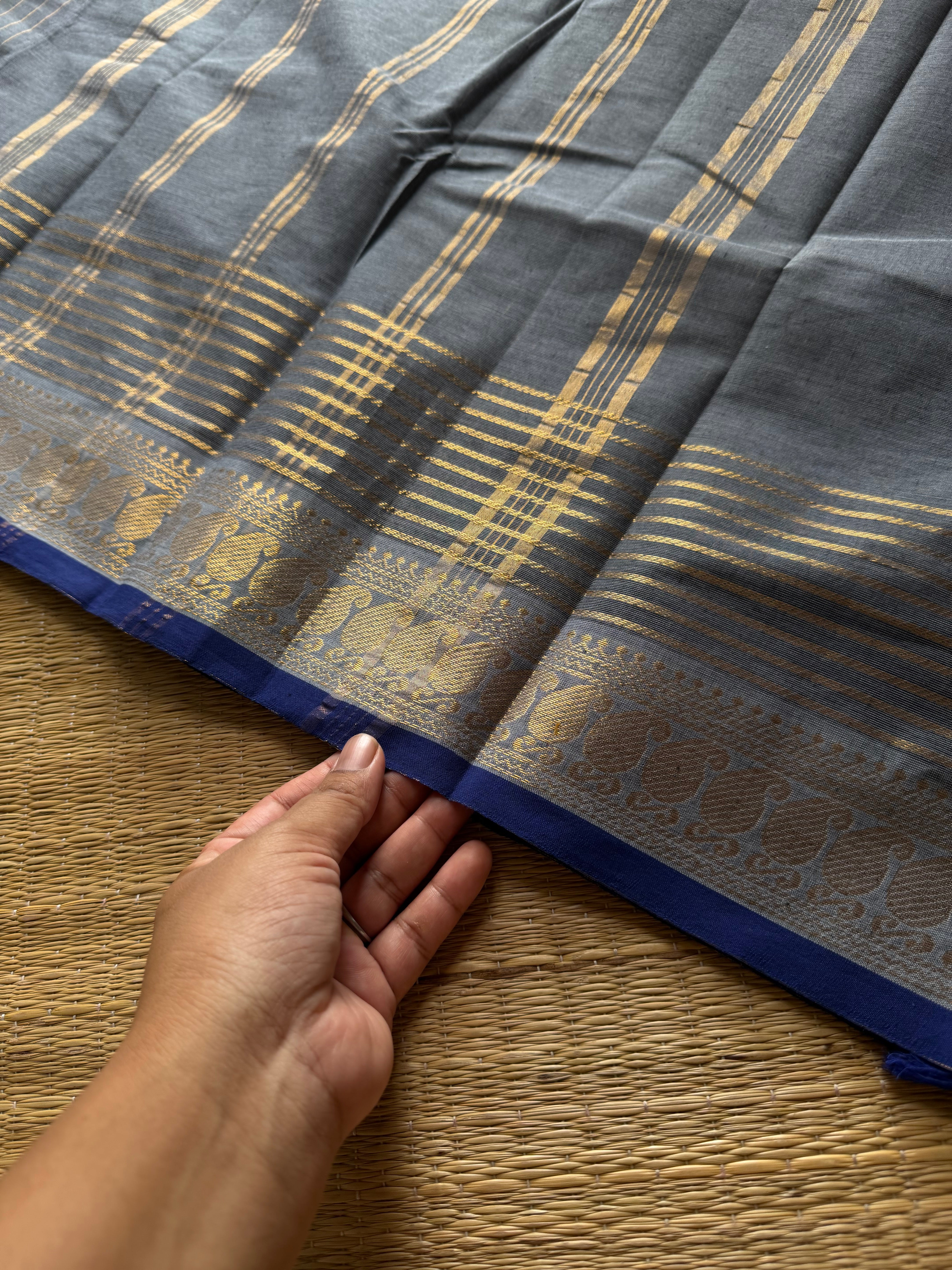 RF866 Greyish ice blue ~ Vairaoosi pattern Kanchi cotton saree with small contrast royal blue shade mango Zari border