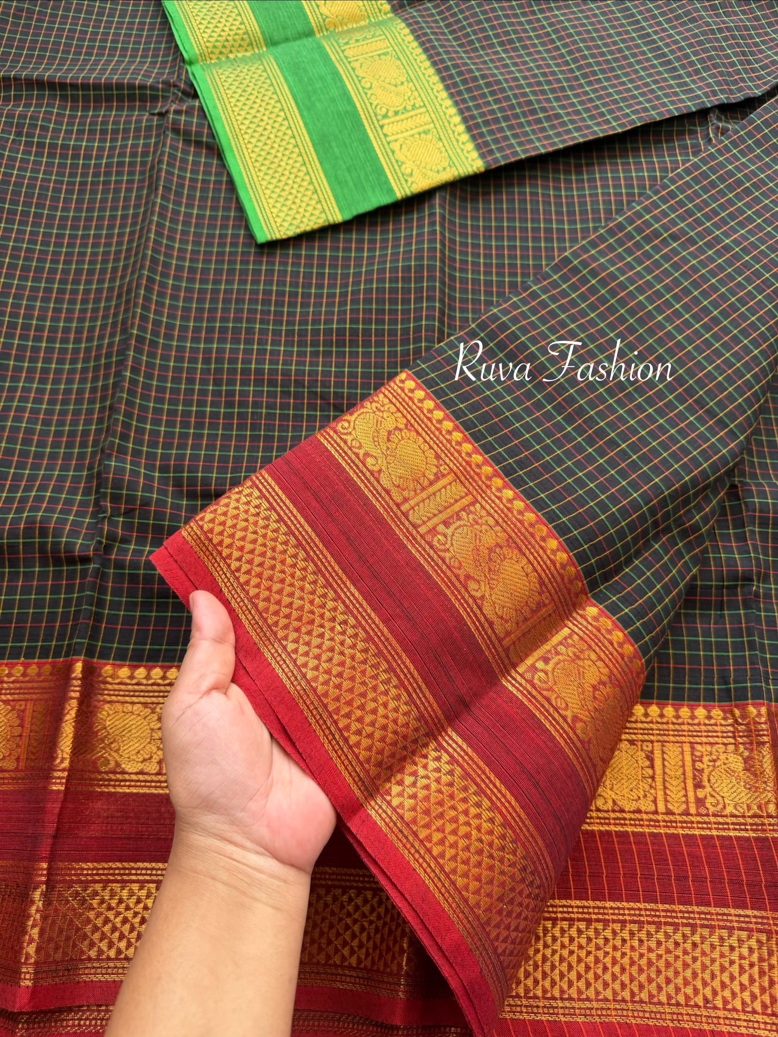 RF136 Checks Pattern / Kattam Black shade Kanchi Cotton Saree With Ganga Jamuna Border