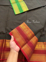 RF136 Checks Pattern / Kattam Black shade Kanchi Cotton Saree With Ganga Jamuna Border