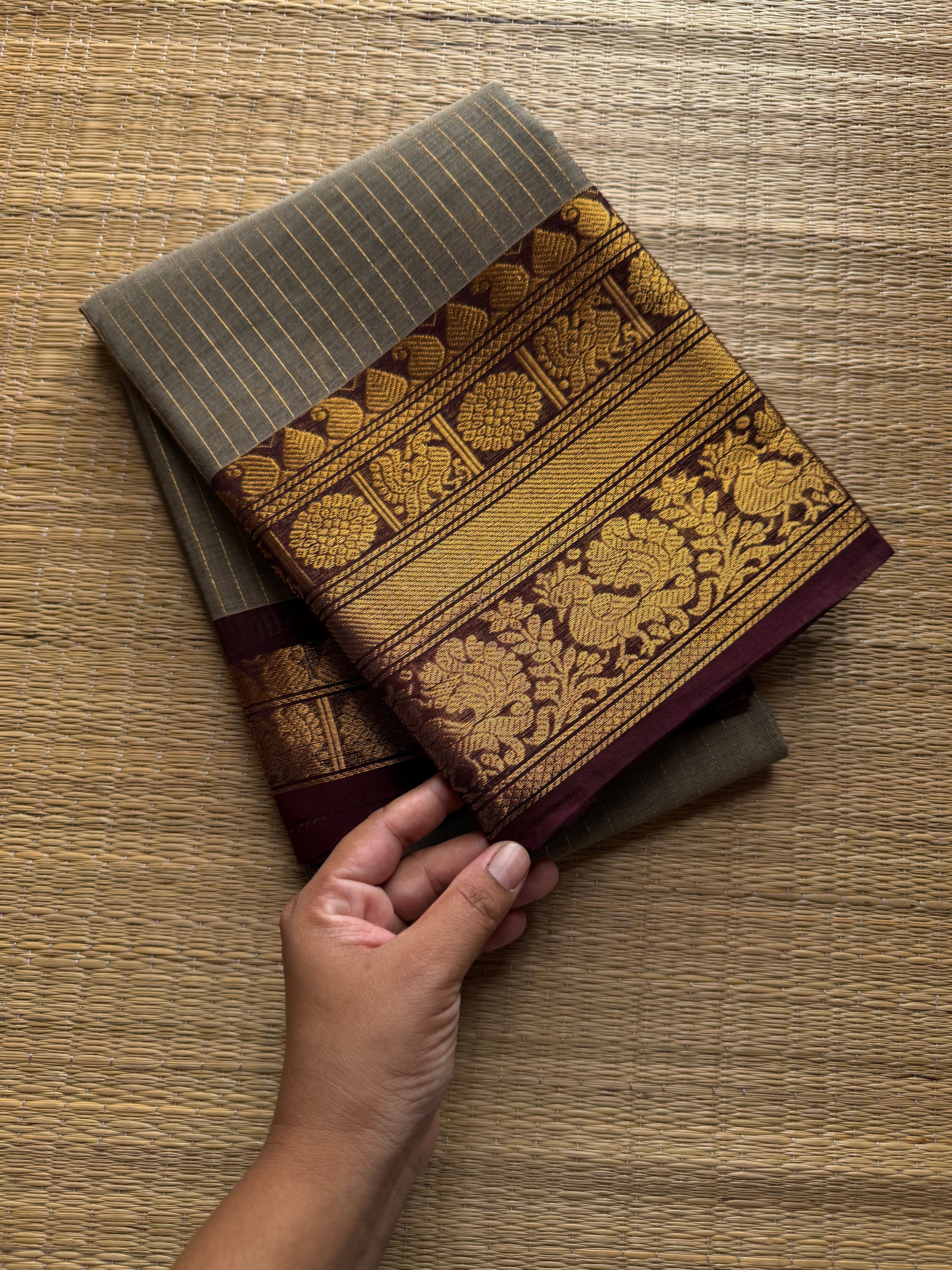 RF927 Grey with brown ~ Premium Kanchi Cotton Saree With golden Zari varia Oosi pattern
