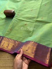 RF44 Turquoise green with purple shade paithani border Kanchi cotton saree with handmade thread buttas