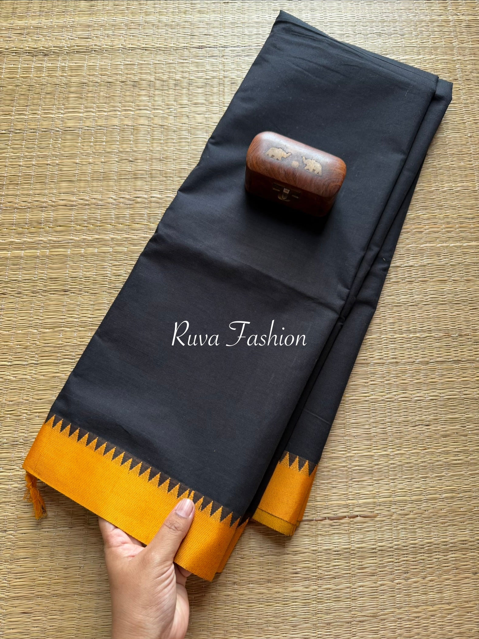 RF13 Black With Mustard yellow combination Kanchi Cotton Saree with thread border - RF13