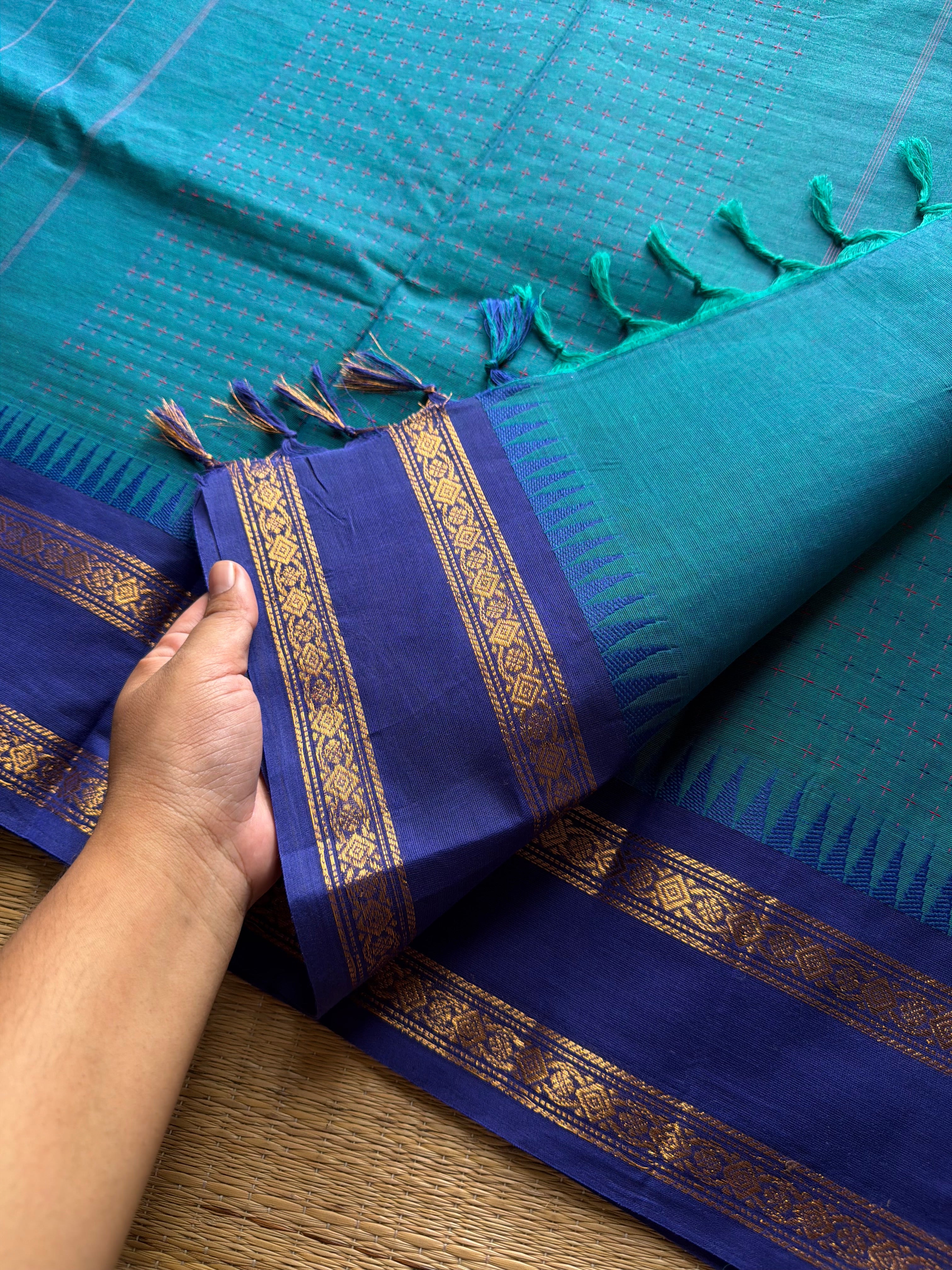 RF732 Peacock blue shade Kanchi cotton saree with Ganga Jamuna pattern border