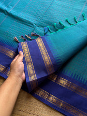 RF732 Peacock blue shade Kanchi cotton saree with Ganga Jamuna pattern border