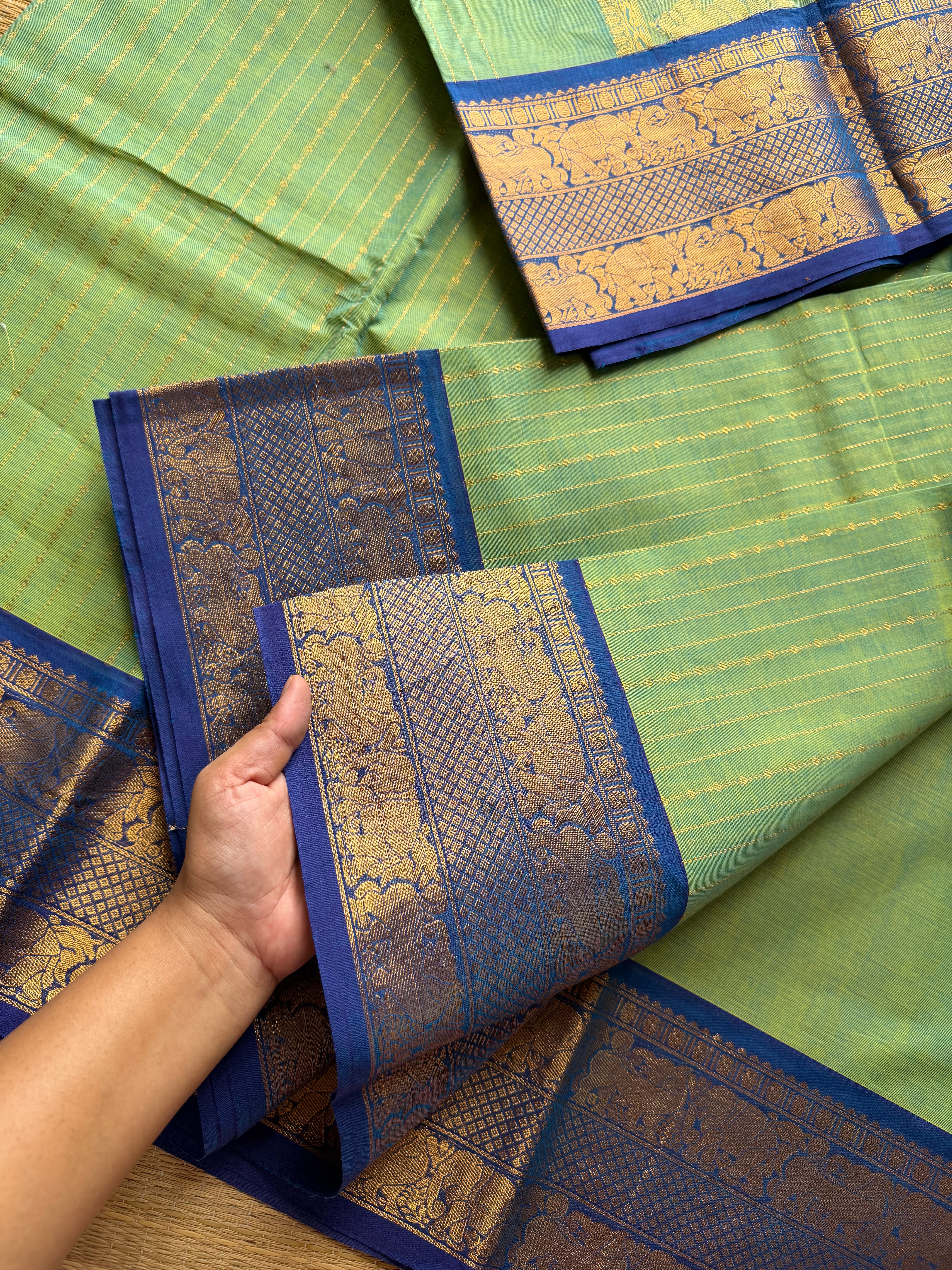 RF497 Dual tone Apple green with royal blue combination Premium rich Zari woven Pallu Kanchi cotton saree with fully Vairaoosi pattern